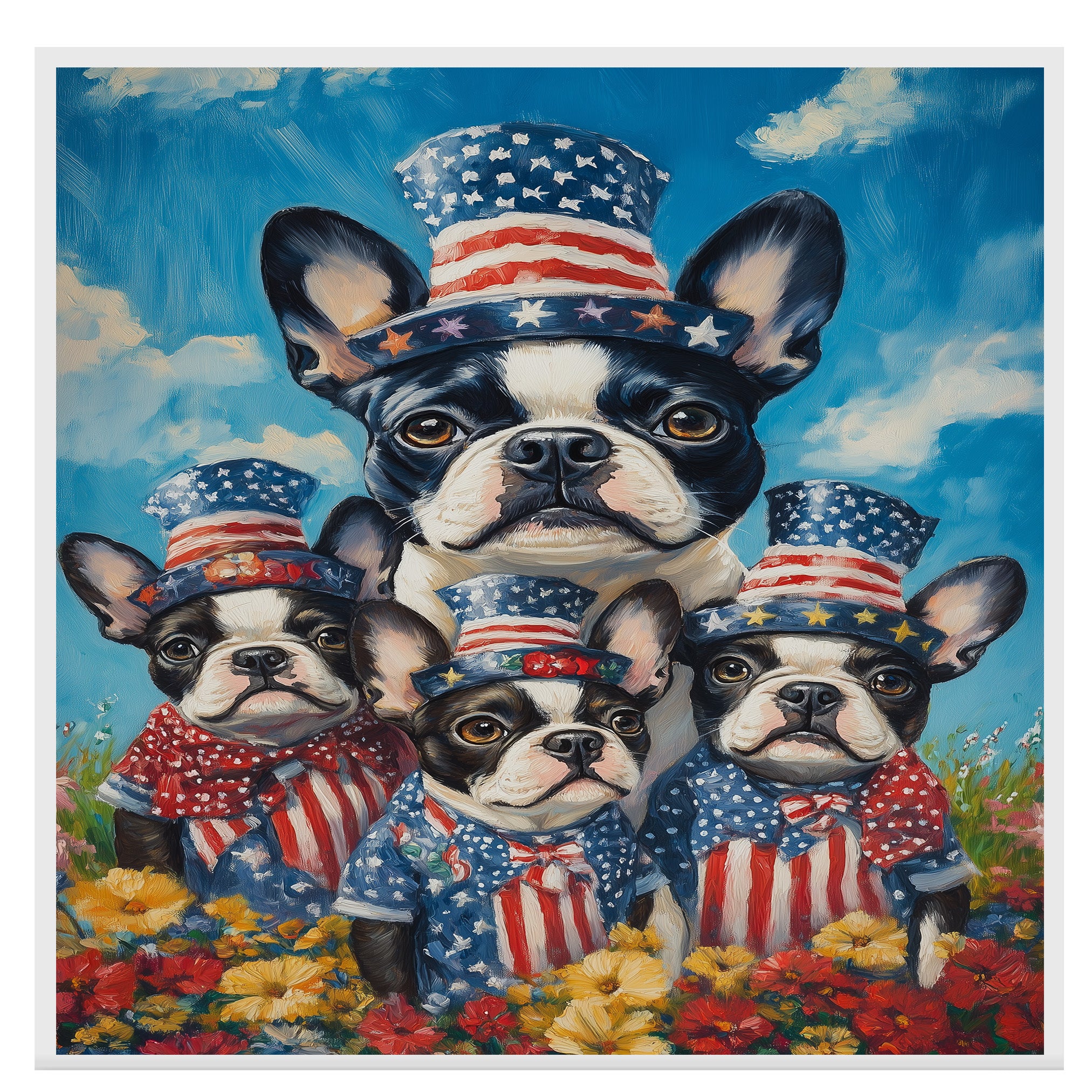 Boston Terrier Mother and Three Puppies in Red Star Hats and Bows with a Sunset Background and Colorful Flowers on Ready to Hang 1.5" Thick Canvas Wrap, Floating Framed Canvas, Flat Rolled Canvas