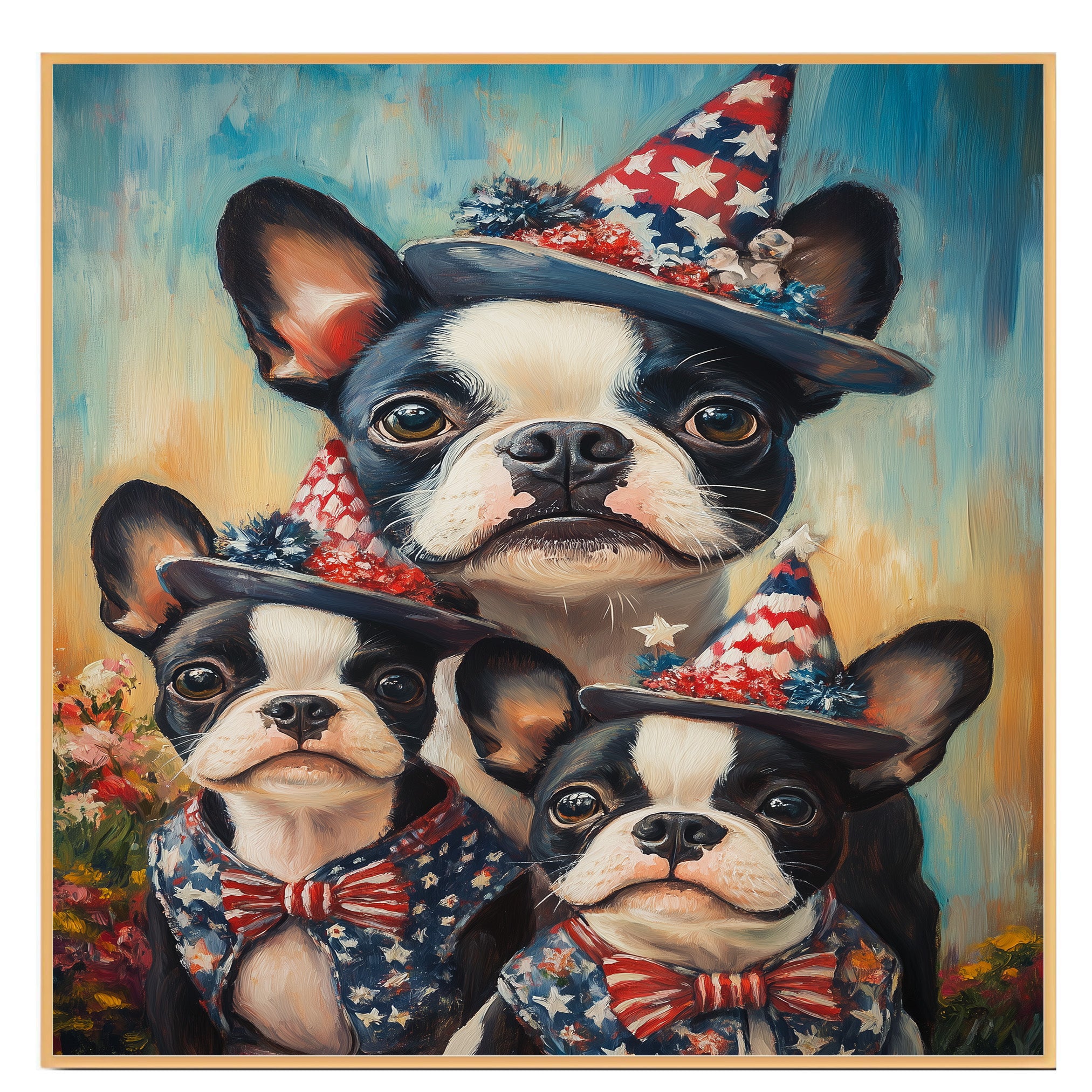Boston Terrier Mother with Three Puppies Wearing Starry Blue Hats and Red Bows in a Colorful Flower Field Portrait on Ready to Hang 1.5" Thick Canvas Wrap, Floating Framed Canvas, Flat Rolled Canvas