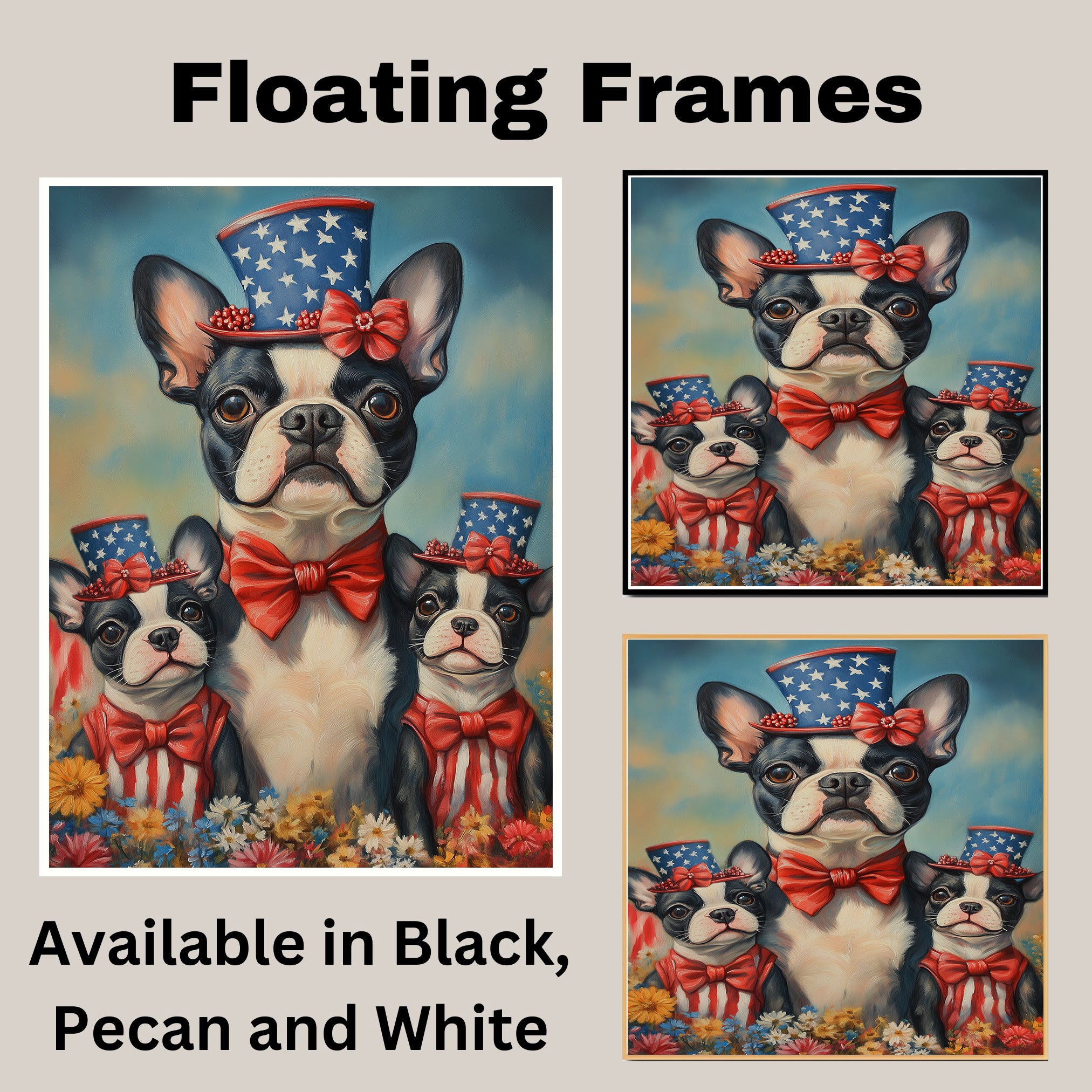 Boston Terrier Mother and Puppies in Patriotic Hats and Outfits with Bright Sky and Colorful Flower Field on Ready to Hang 1.5" Thick Canvas Wrap, Floating Framed Canvas, Flat Rolled Canvas