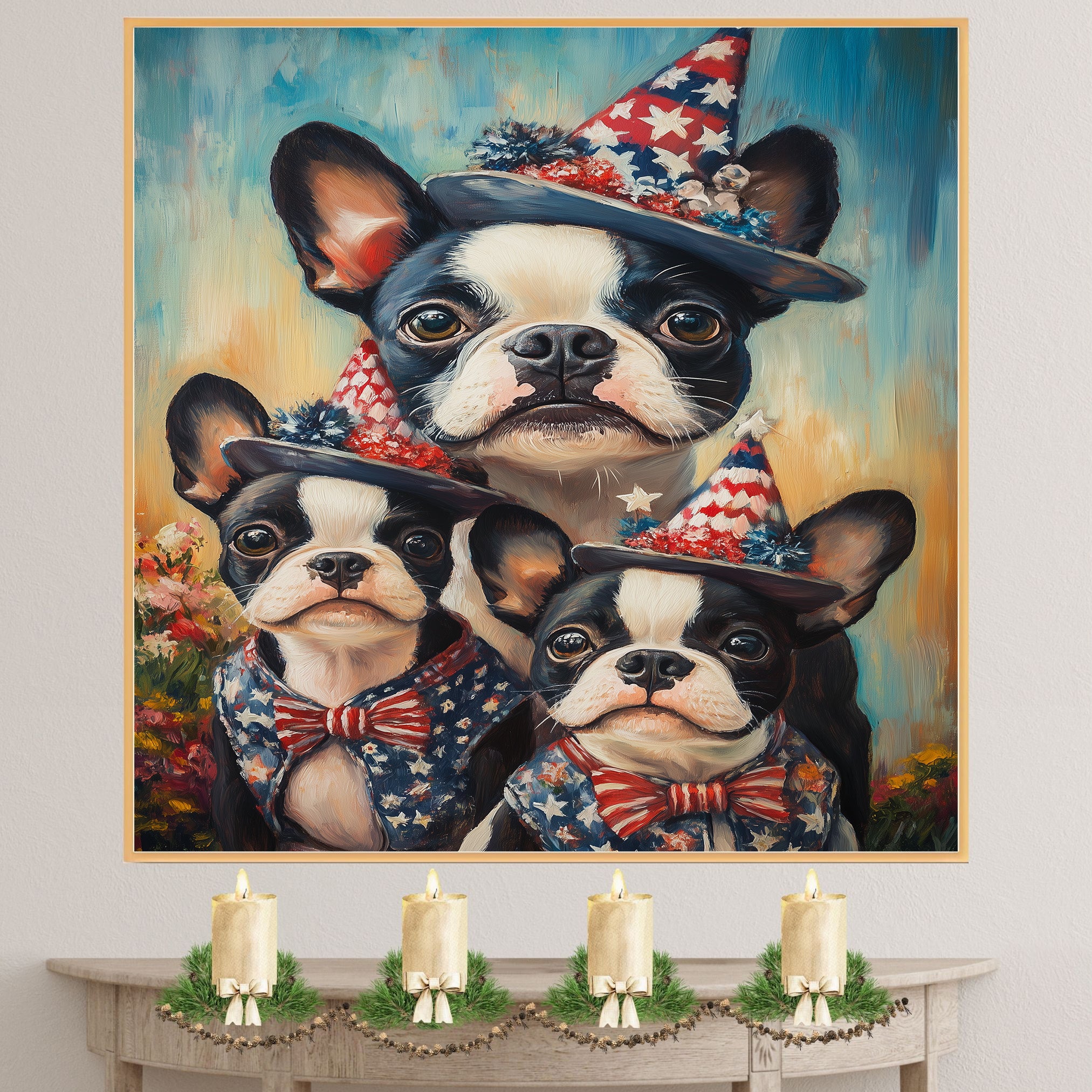 Boston Terrier Mother with Three Puppies Wearing Starry Blue Hats and Red Bows in a Colorful Flower Field Portrait on Ready to Hang 1.5" Thick Canvas Wrap, Floating Framed Canvas, Flat Rolled Canvas