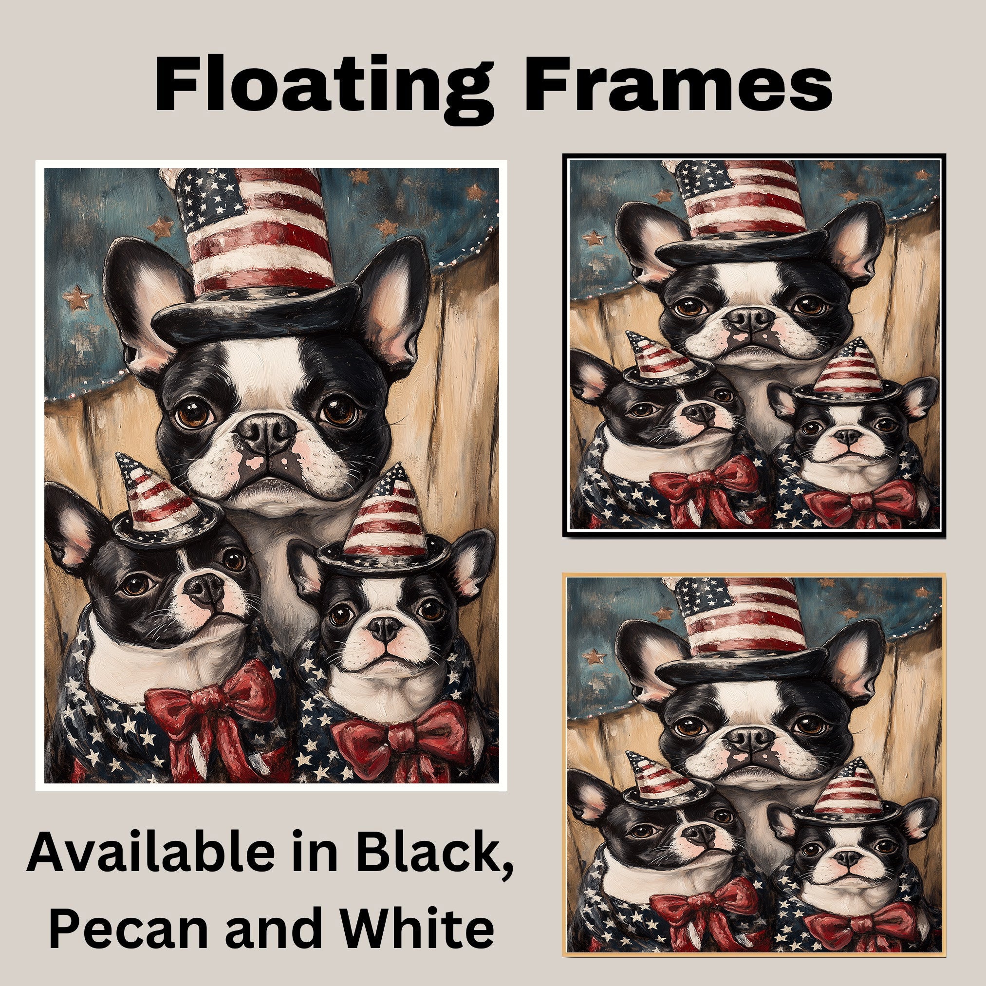 Boston Terrier Mother with Two Puppies in Patriotic Hats and Starry Outfits Against Rustic Americana Backdrop on Ready to Hang 1.5" Thick Canvas Wrap, Floating Framed Canvas, Flat Rolled Canvas