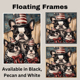 Boston Terrier Mother with Two Puppies in Patriotic Hats and Starry Outfits Against Rustic Americana Backdrop on Ready to Hang 1.5" Thick Canvas Wrap, Floating Framed Canvas, Flat Rolled Canvas