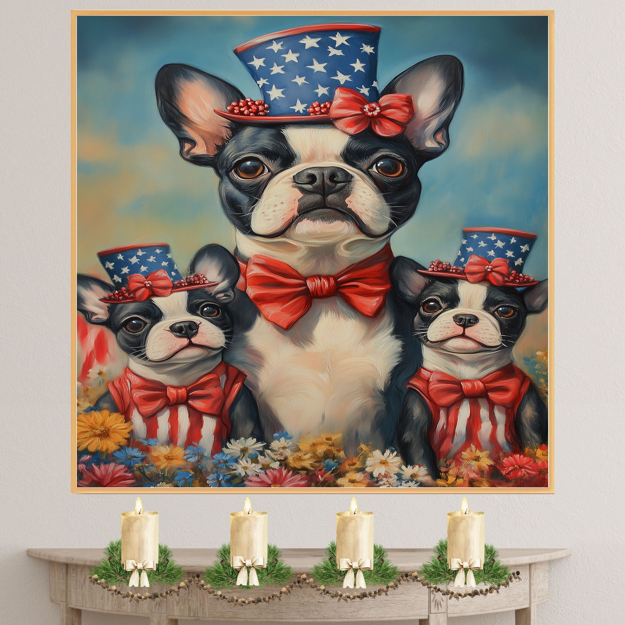 Boston Terrier Mother and Puppies in Patriotic Hats and Outfits with Bright Sky and Colorful Flower Field on Ready to Hang 1.5" Thick Canvas Wrap, Floating Framed Canvas, Flat Rolled Canvas