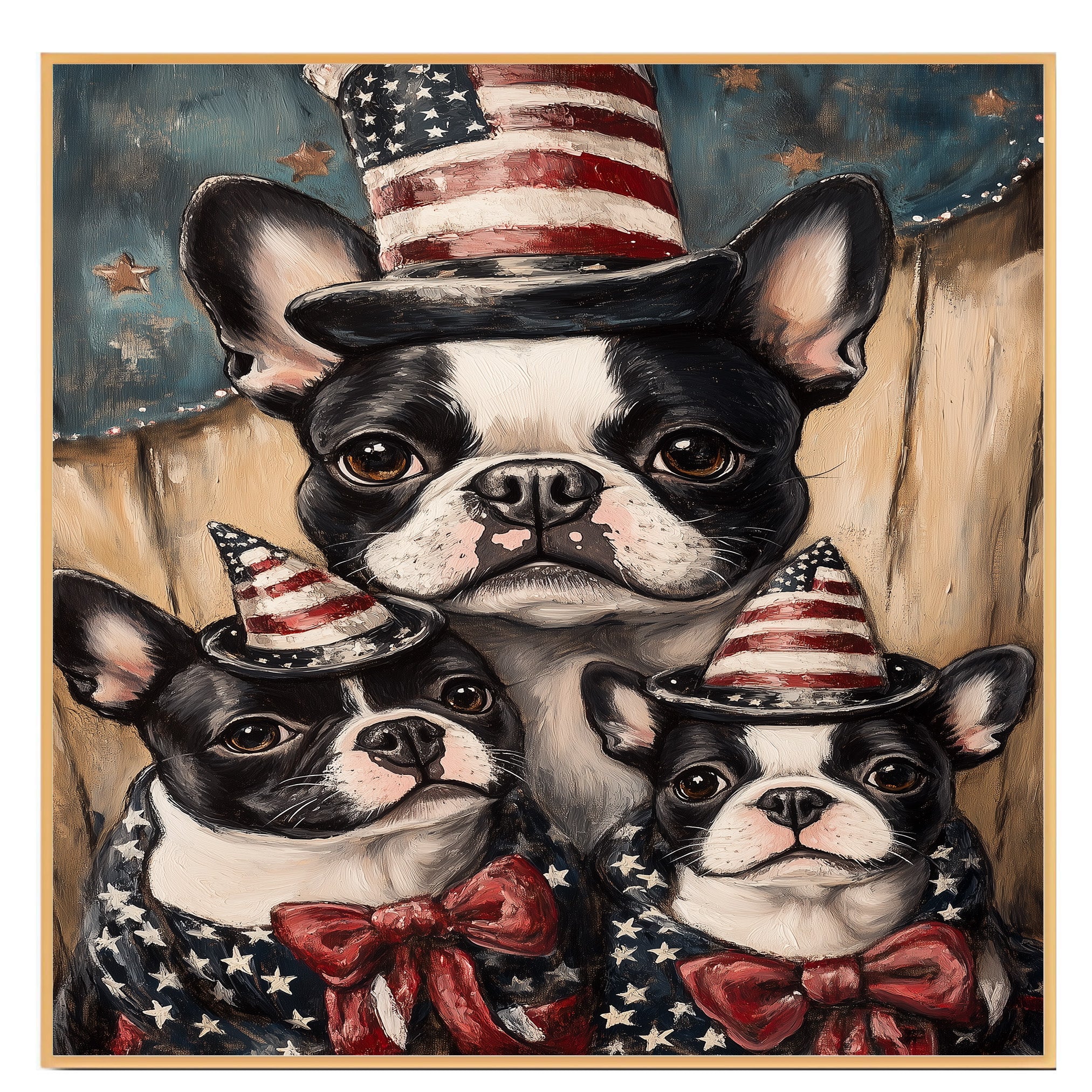 Boston Terrier Mother with Two Puppies in Patriotic Hats and Starry Outfits Against Rustic Americana Backdrop on Ready to Hang 1.5" Thick Canvas Wrap, Floating Framed Canvas, Flat Rolled Canvas