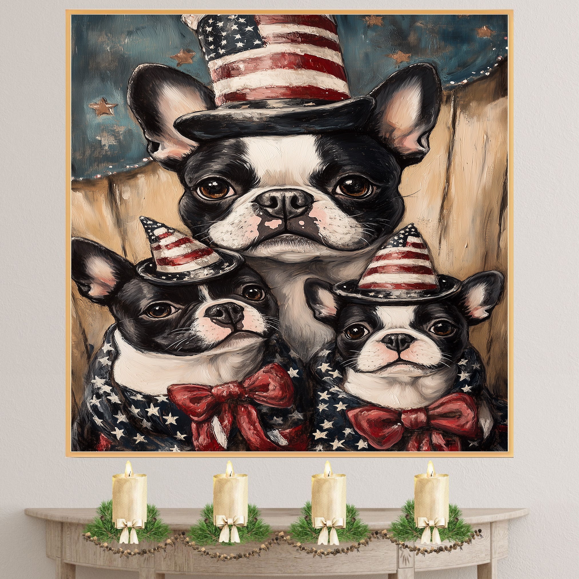 Boston Terrier Mother with Two Puppies in Patriotic Hats and Starry Outfits Against Rustic Americana Backdrop on Ready to Hang 1.5" Thick Canvas Wrap, Floating Framed Canvas, Flat Rolled Canvas