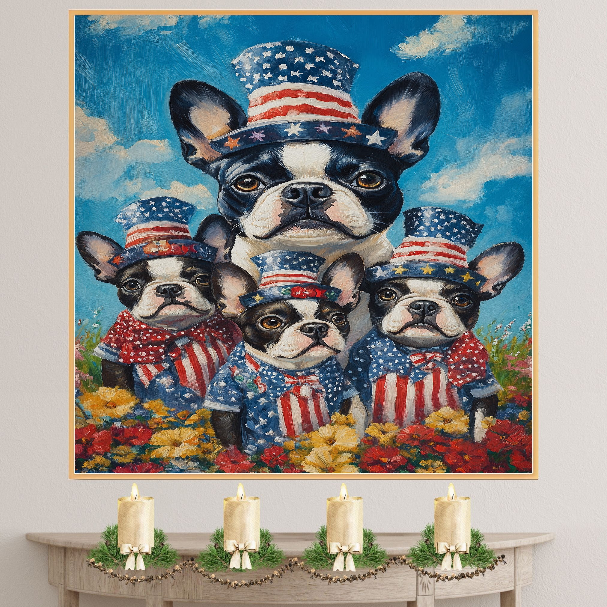 Boston Terrier Mother and Three Puppies in Red Star Hats and Bows with a Sunset Background and Colorful Flowers on Ready to Hang 1.5" Thick Canvas Wrap, Floating Framed Canvas, Flat Rolled Canvas