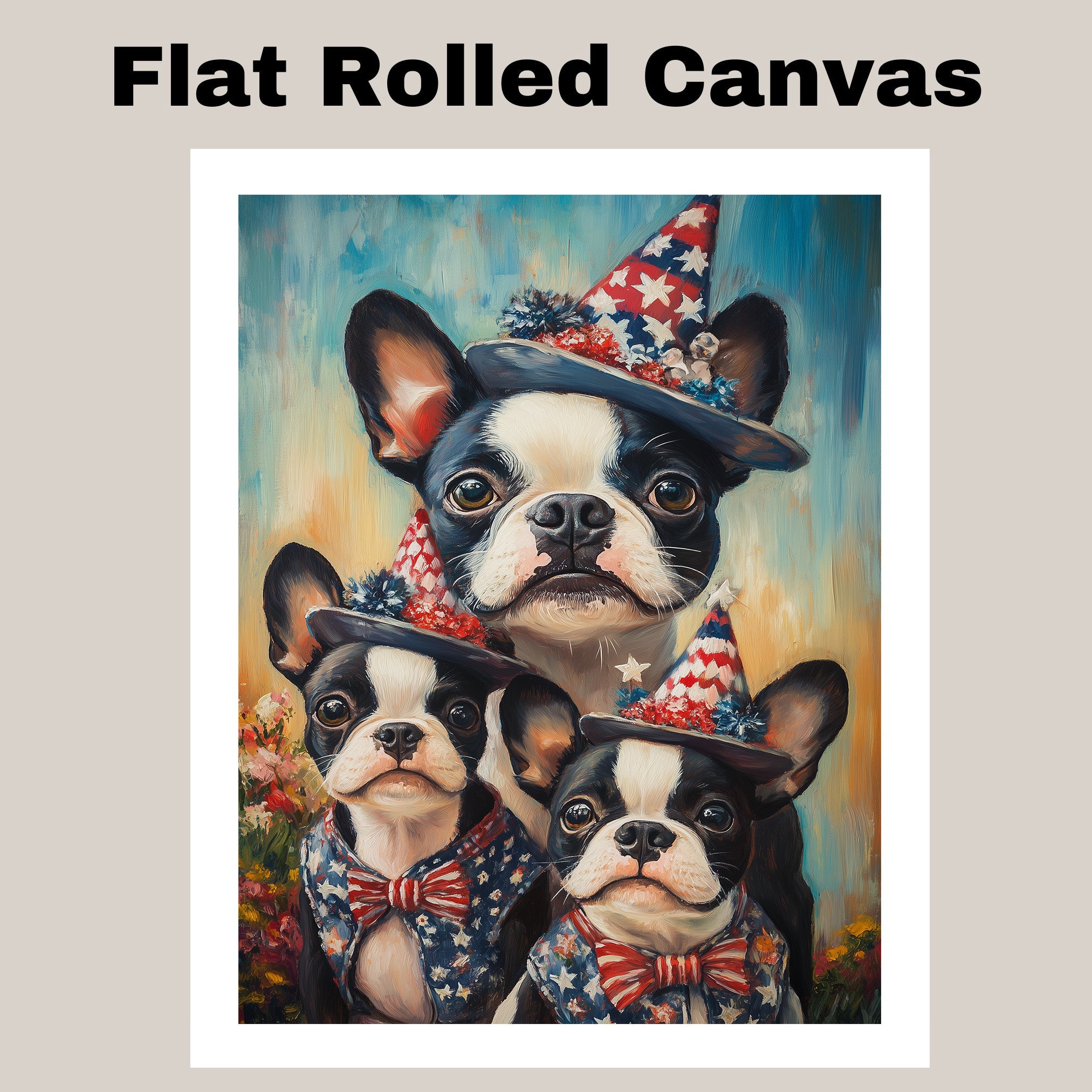 Boston Terrier Mother with Three Puppies Wearing Starry Blue Hats and Red Bows in a Colorful Flower Field Portrait on Ready to Hang 1.5" Thick Canvas Wrap, Floating Framed Canvas, Flat Rolled Canvas