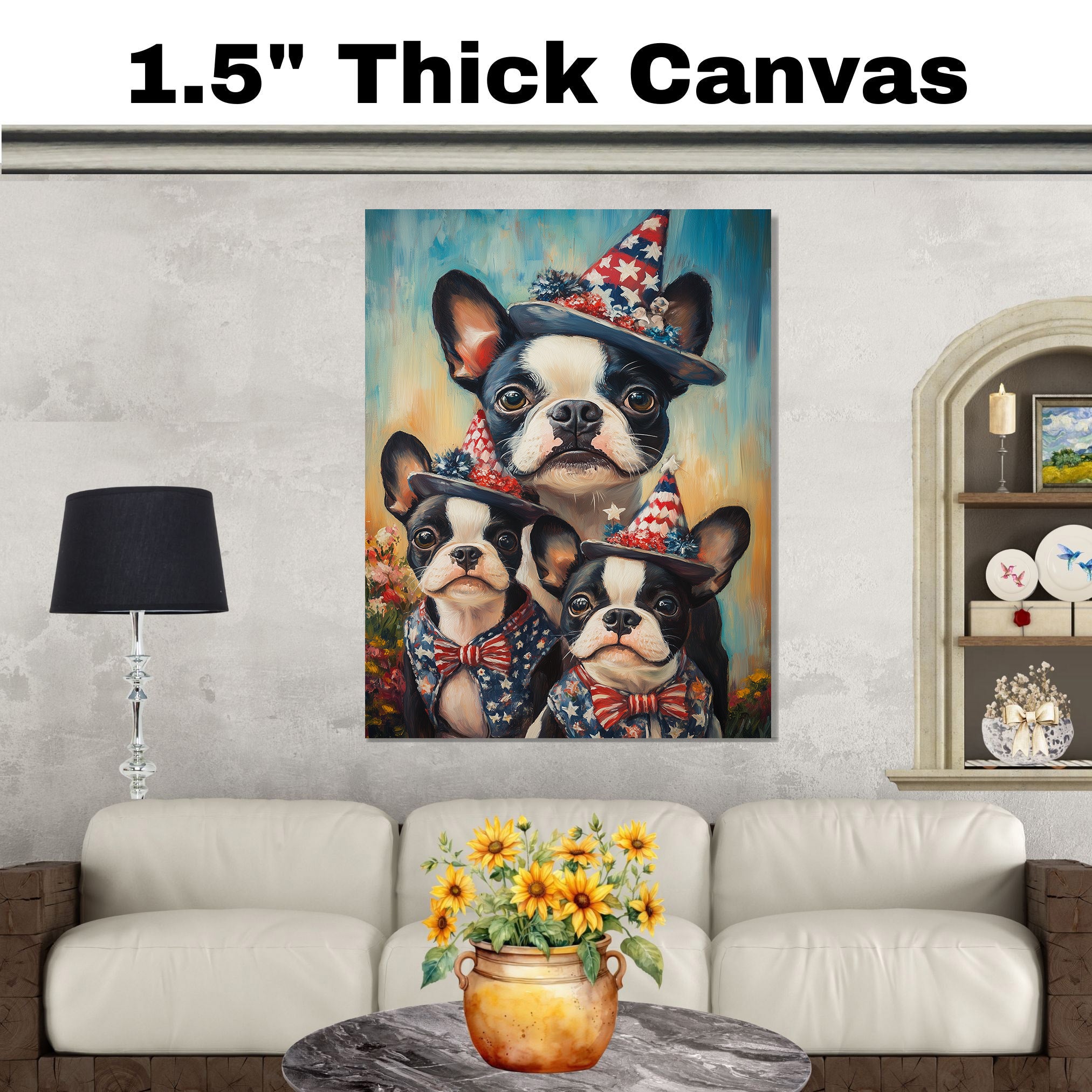 Boston Terrier Mother with Three Puppies Wearing Starry Blue Hats and Red Bows in a Colorful Flower Field Portrait on Ready to Hang 1.5" Thick Canvas Wrap, Floating Framed Canvas, Flat Rolled Canvas