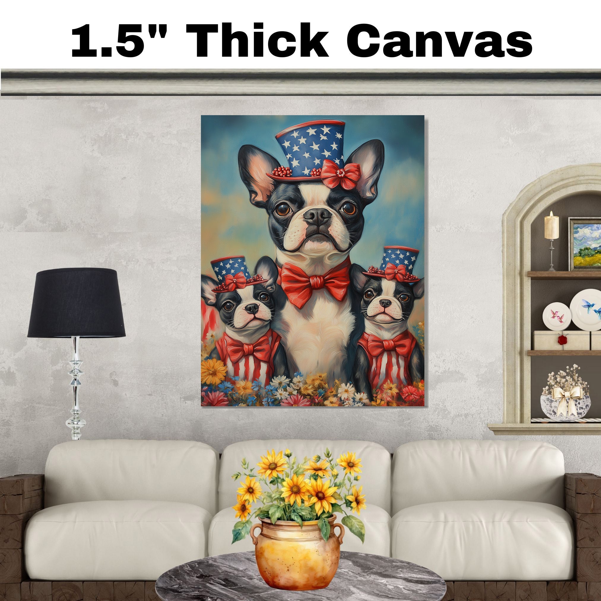 Boston Terrier Mother and Puppies in Patriotic Hats and Outfits with Bright Sky and Colorful Flower Field on Ready to Hang 1.5" Thick Canvas Wrap, Floating Framed Canvas, Flat Rolled Canvas