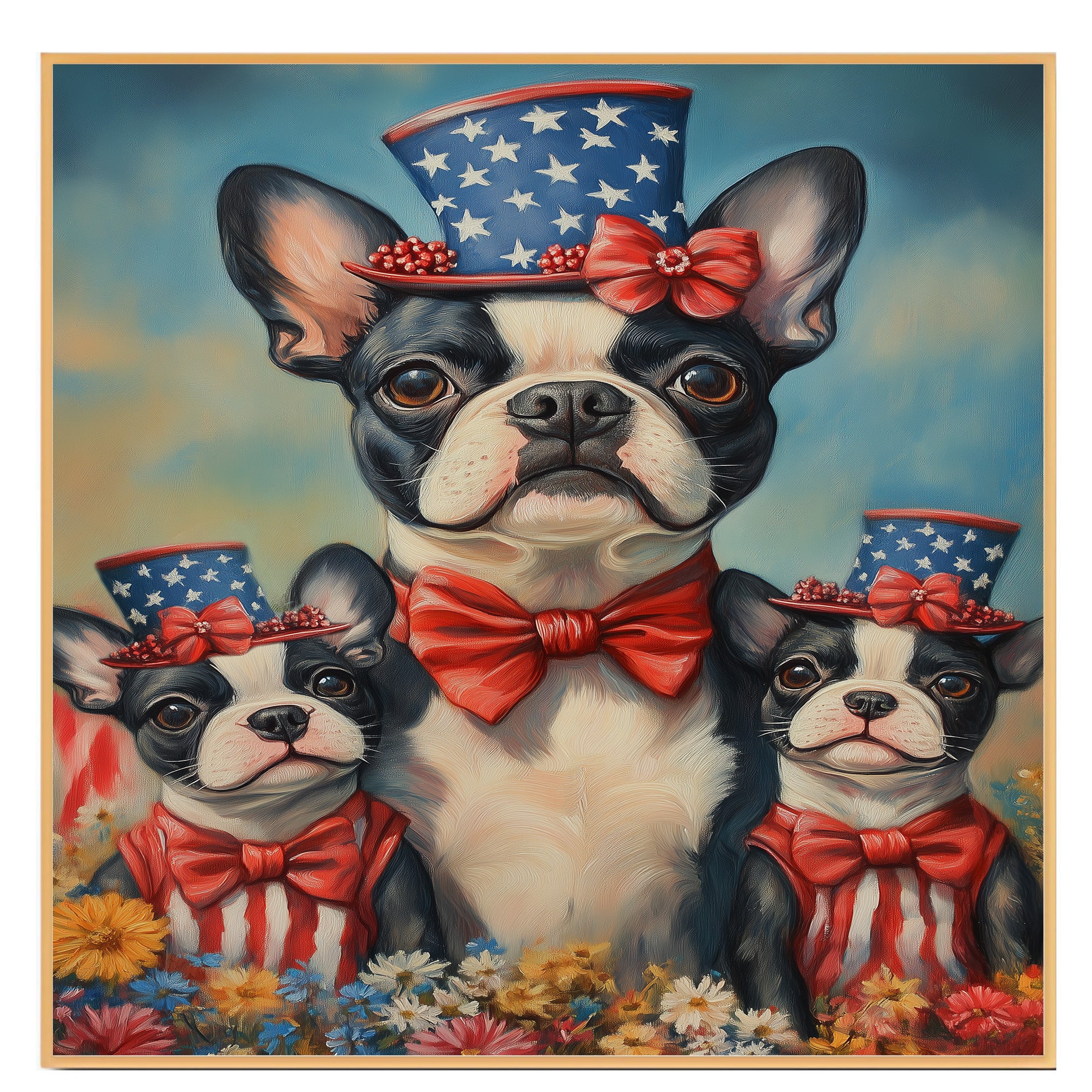 Boston Terrier Mother and Puppies in Patriotic Hats and Outfits with Bright Sky and Colorful Flower Field on Ready to Hang 1.5" Thick Canvas Wrap, Floating Framed Canvas, Flat Rolled Canvas