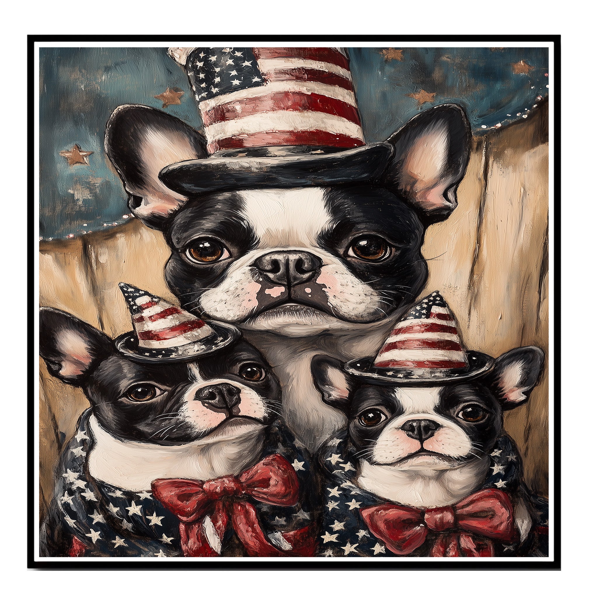 Boston Terrier Mother with Two Puppies in Patriotic Hats and Starry Outfits Against Rustic Americana Backdrop on Ready to Hang 1.5" Thick Canvas Wrap, Floating Framed Canvas, Flat Rolled Canvas