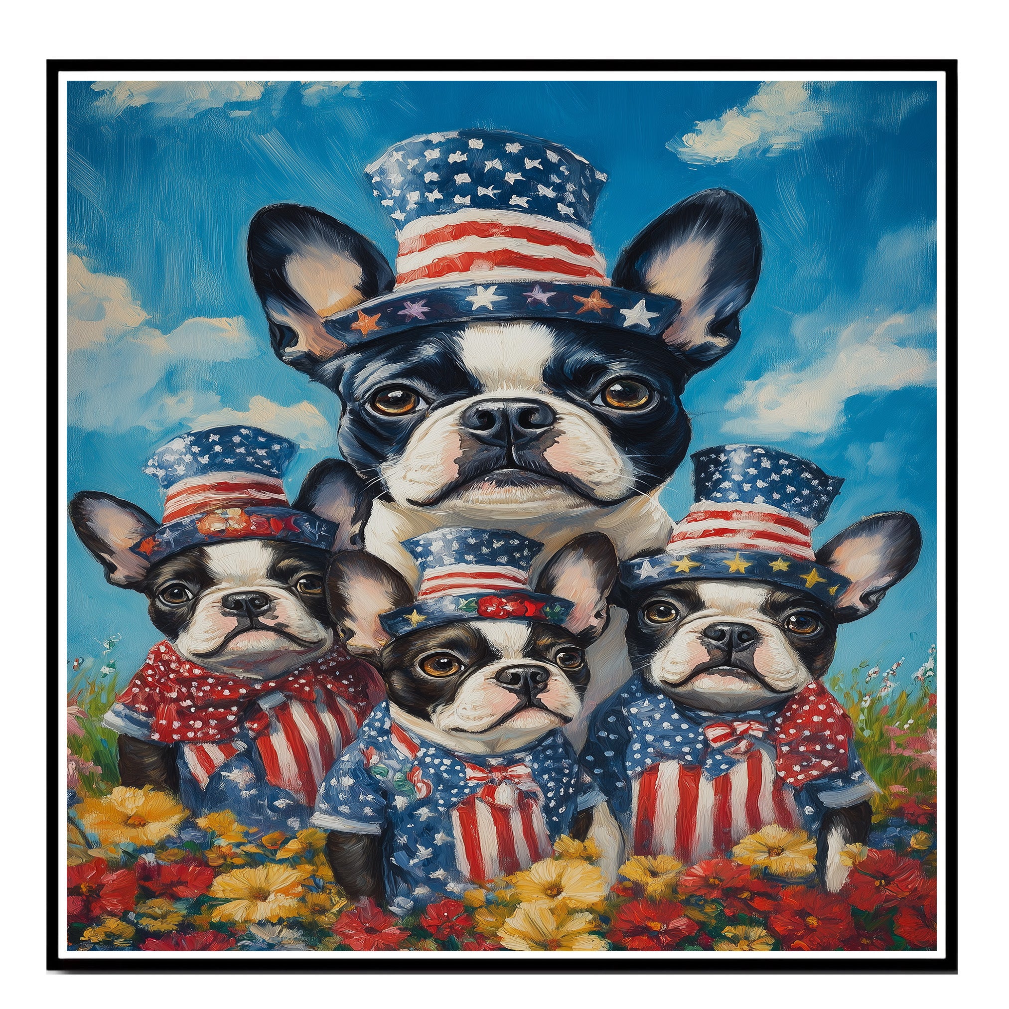 Boston Terrier Mother and Three Puppies in Red Star Hats and Bows with a Sunset Background and Colorful Flowers on Ready to Hang 1.5" Thick Canvas Wrap, Floating Framed Canvas, Flat Rolled Canvas