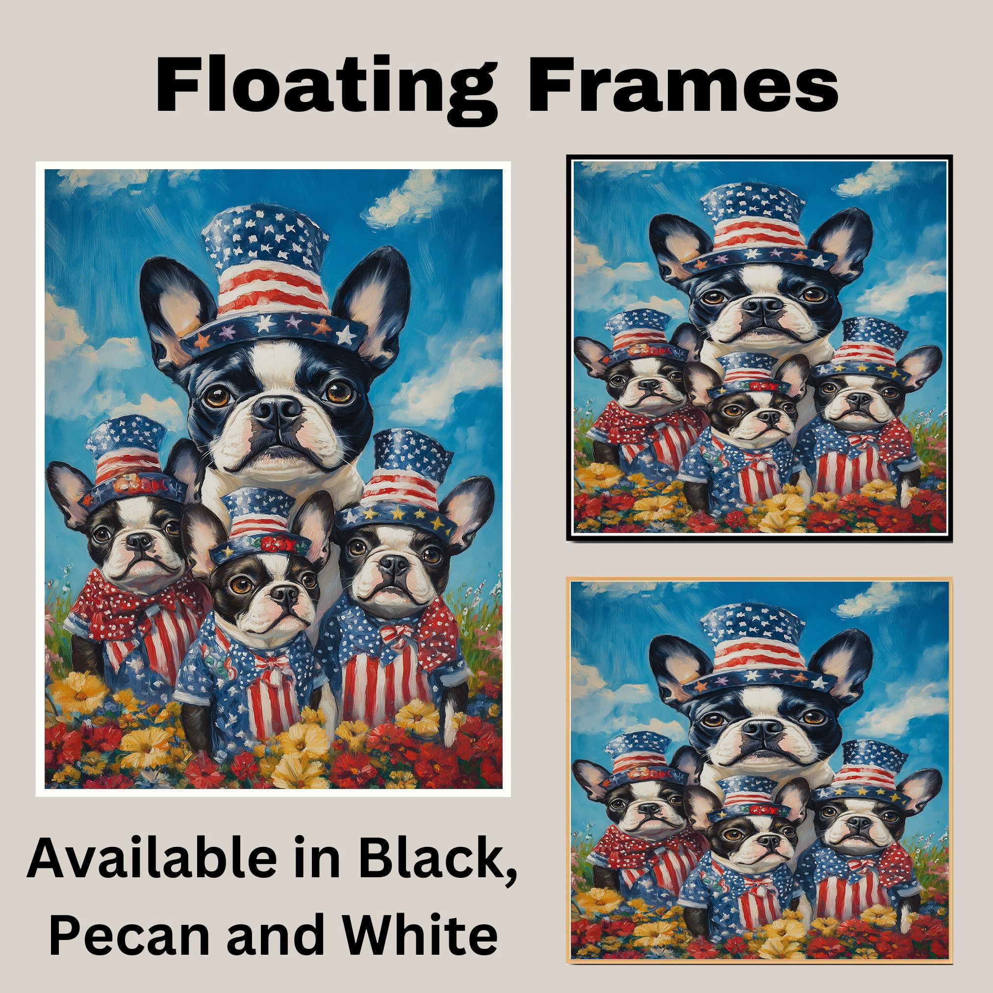 Boston Terrier Mother and Three Puppies in Red Star Hats and Bows with a Sunset Background and Colorful Flowers on Ready to Hang 1.5" Thick Canvas Wrap, Floating Framed Canvas, Flat Rolled Canvas