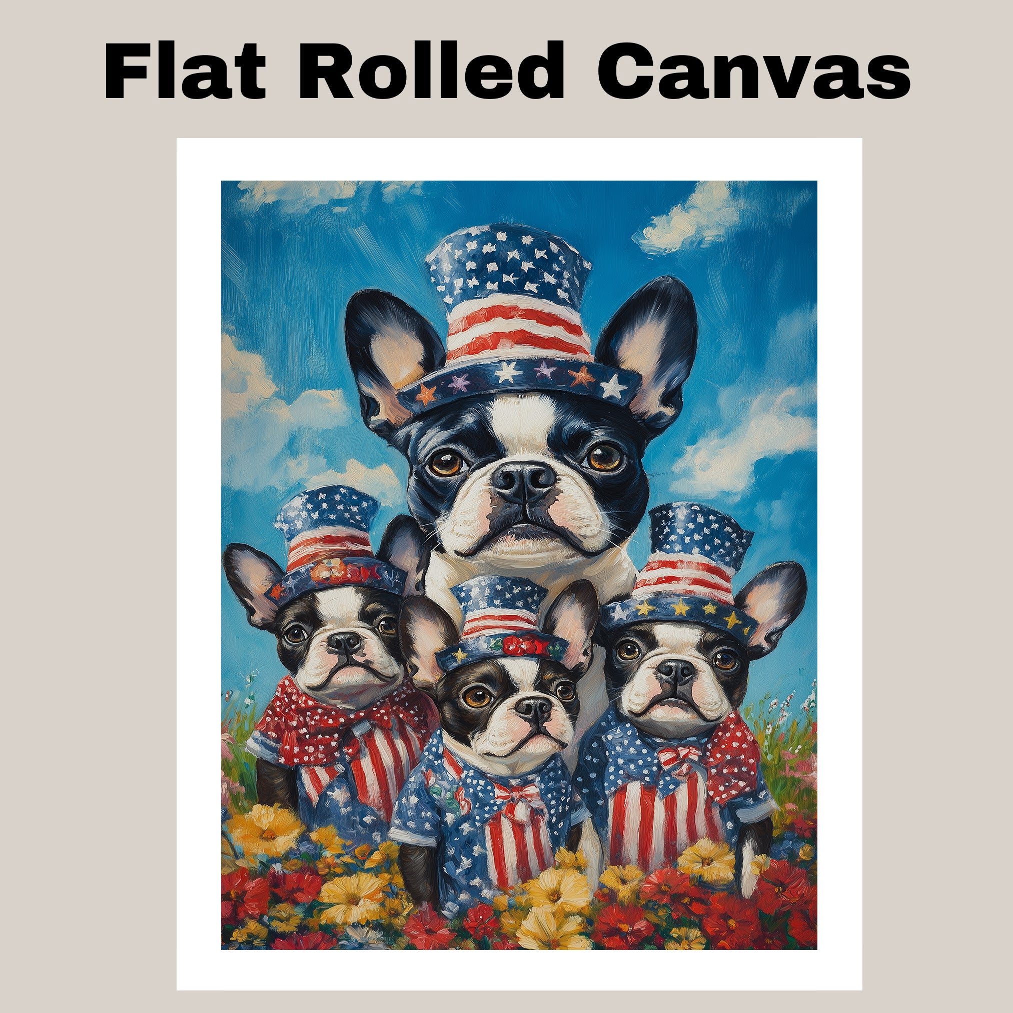 Boston Terrier Mother and Three Puppies in Red Star Hats and Bows with a Sunset Background and Colorful Flowers on Ready to Hang 1.5" Thick Canvas Wrap, Floating Framed Canvas, Flat Rolled Canvas