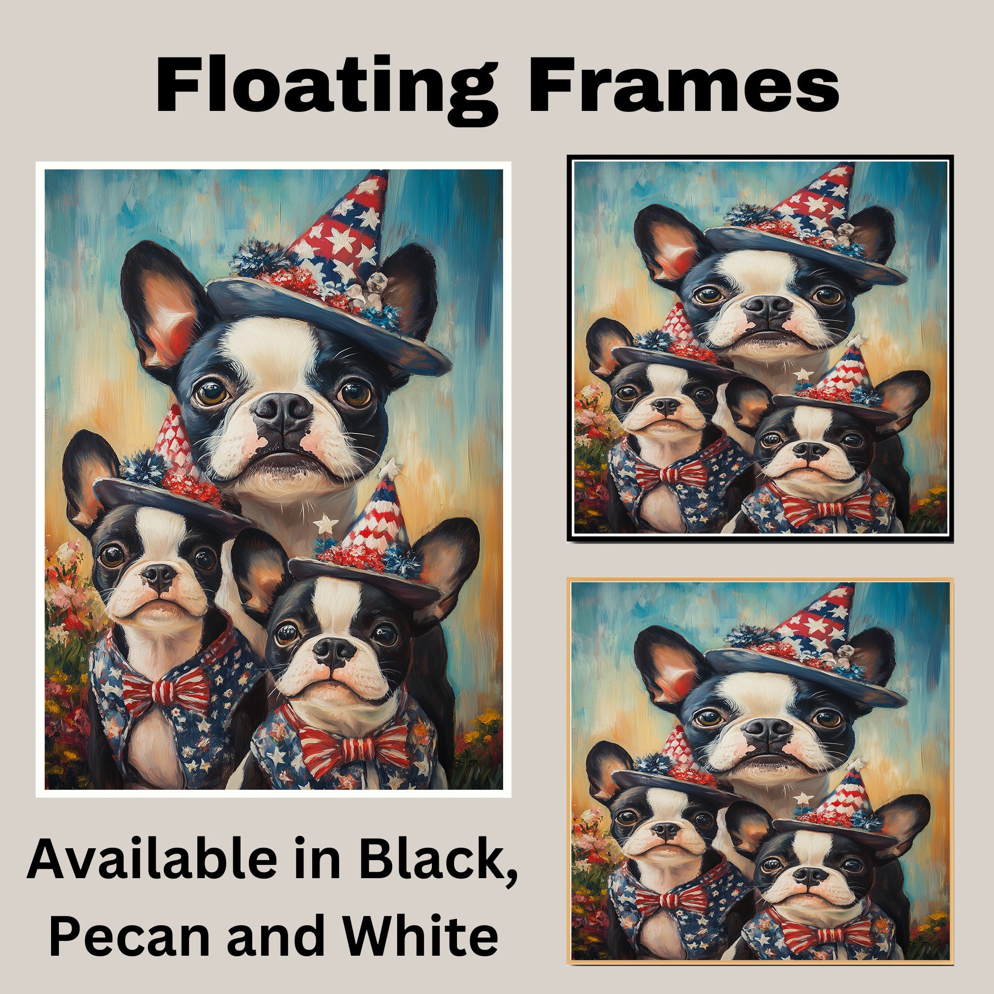 Boston Terrier Mother with Three Puppies Wearing Starry Blue Hats and Red Bows in a Colorful Flower Field Portrait on Ready to Hang 1.5" Thick Canvas Wrap, Floating Framed Canvas, Flat Rolled Canvas