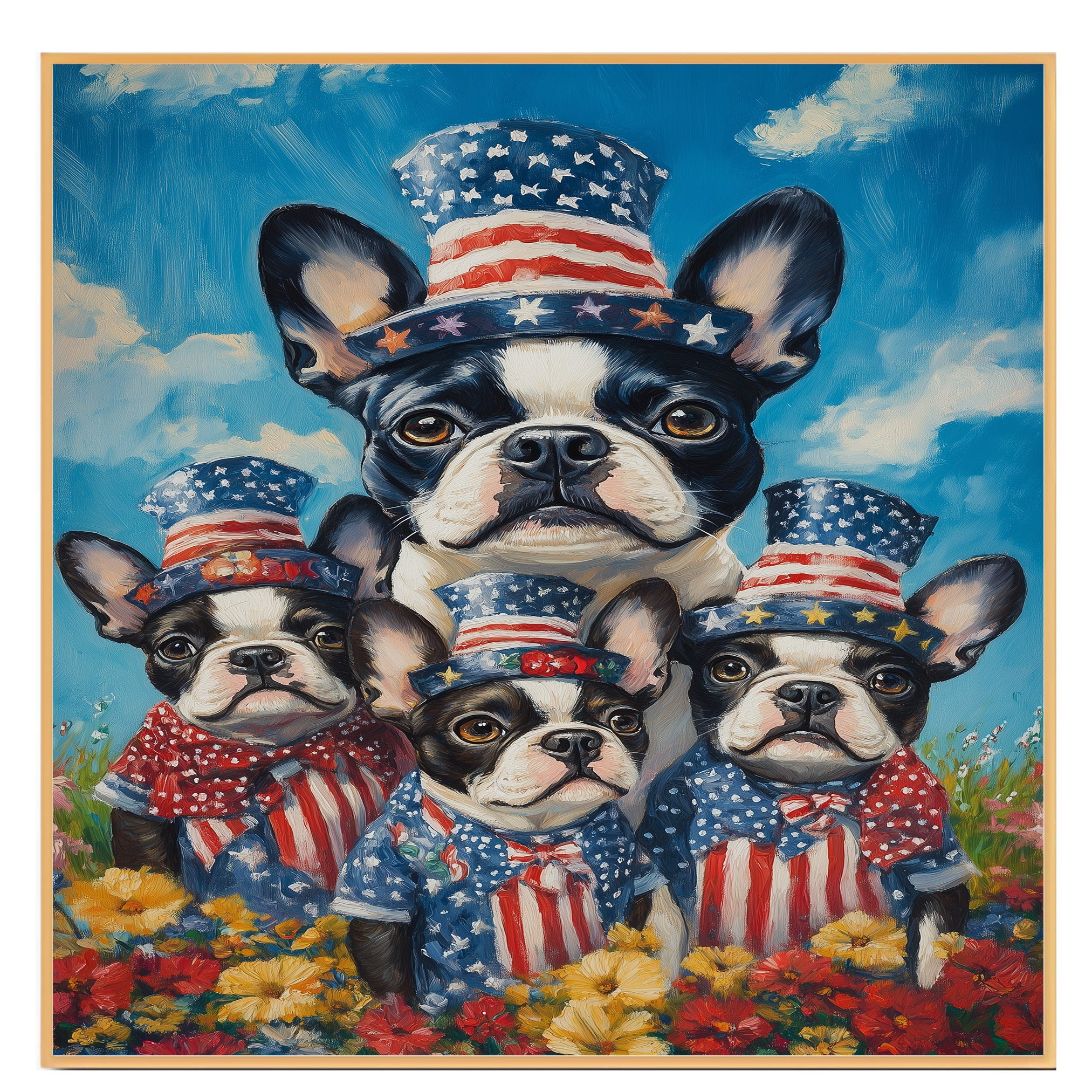 Boston Terrier Mother and Three Puppies in Red Star Hats and Bows with a Sunset Background and Colorful Flowers on Ready to Hang 1.5" Thick Canvas Wrap, Floating Framed Canvas, Flat Rolled Canvas