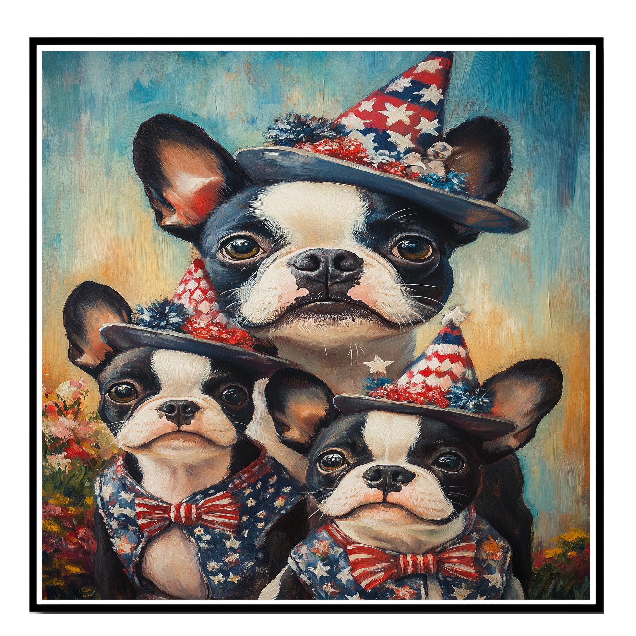 Boston Terrier Mother with Three Puppies Wearing Starry Blue Hats and Red Bows in a Colorful Flower Field Portrait on Ready to Hang 1.5" Thick Canvas Wrap, Floating Framed Canvas, Flat Rolled Canvas