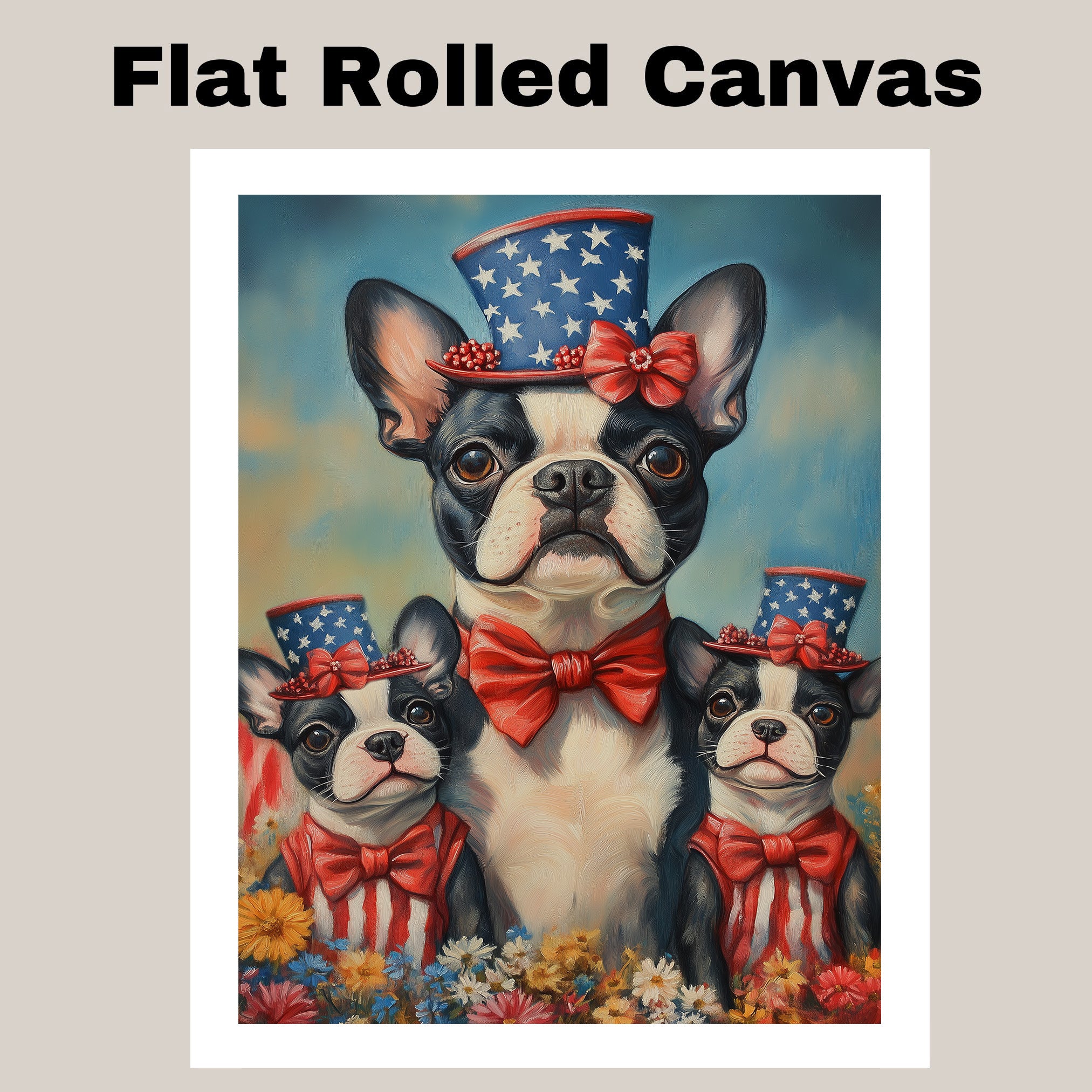 Boston Terrier Mother and Puppies in Patriotic Hats and Outfits with Bright Sky and Colorful Flower Field on Ready to Hang 1.5" Thick Canvas Wrap, Floating Framed Canvas, Flat Rolled Canvas