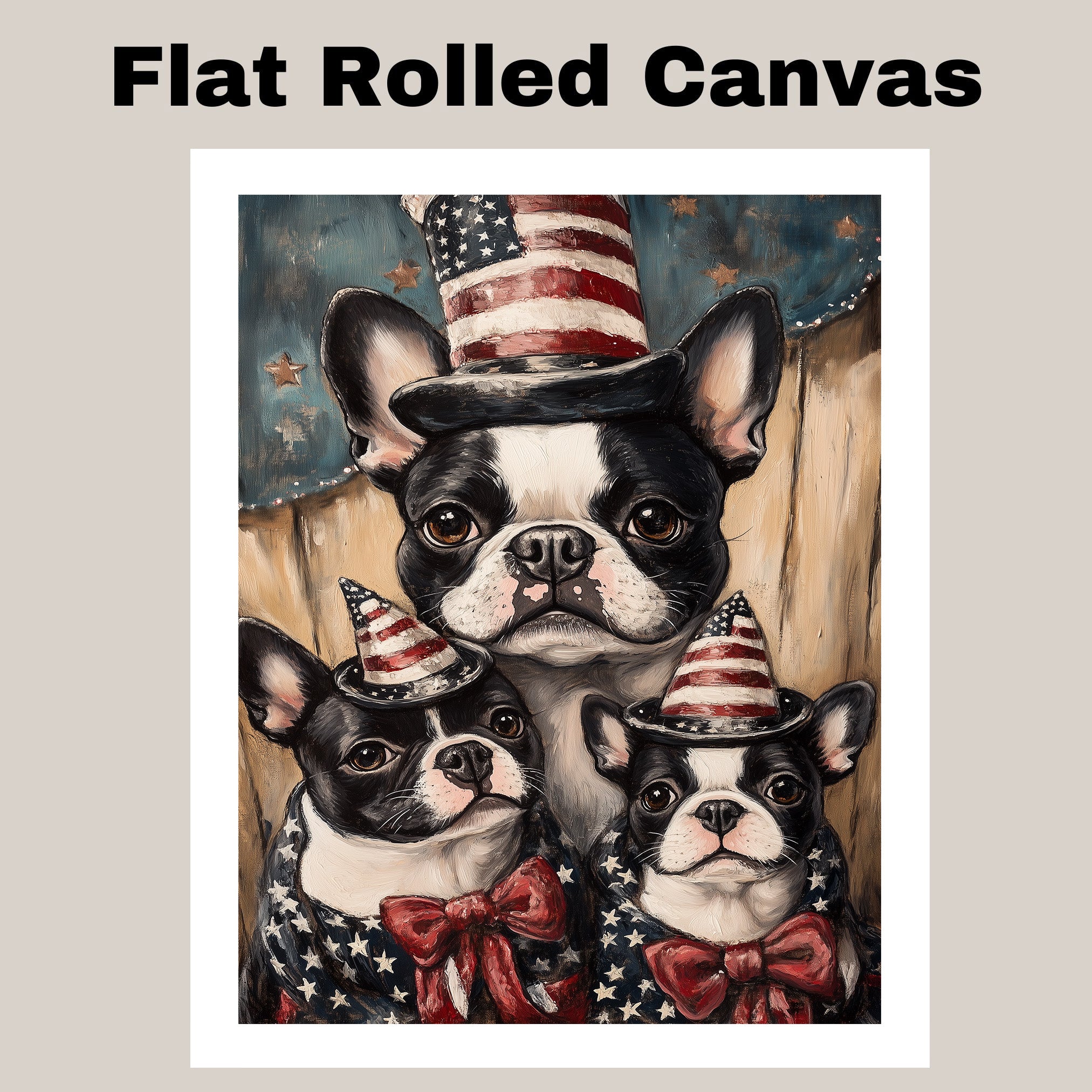 Boston Terrier Mother with Two Puppies in Patriotic Hats and Starry Outfits Against Rustic Americana Backdrop on Ready to Hang 1.5" Thick Canvas Wrap, Floating Framed Canvas, Flat Rolled Canvas