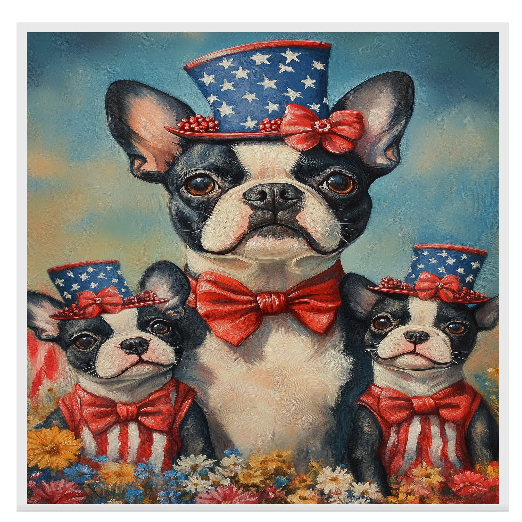 Boston Terrier Mother and Puppies in Patriotic Hats and Outfits with Bright Sky and Colorful Flower Field on Ready to Hang 1.5" Thick Canvas Wrap, Floating Framed Canvas, Flat Rolled Canvas
