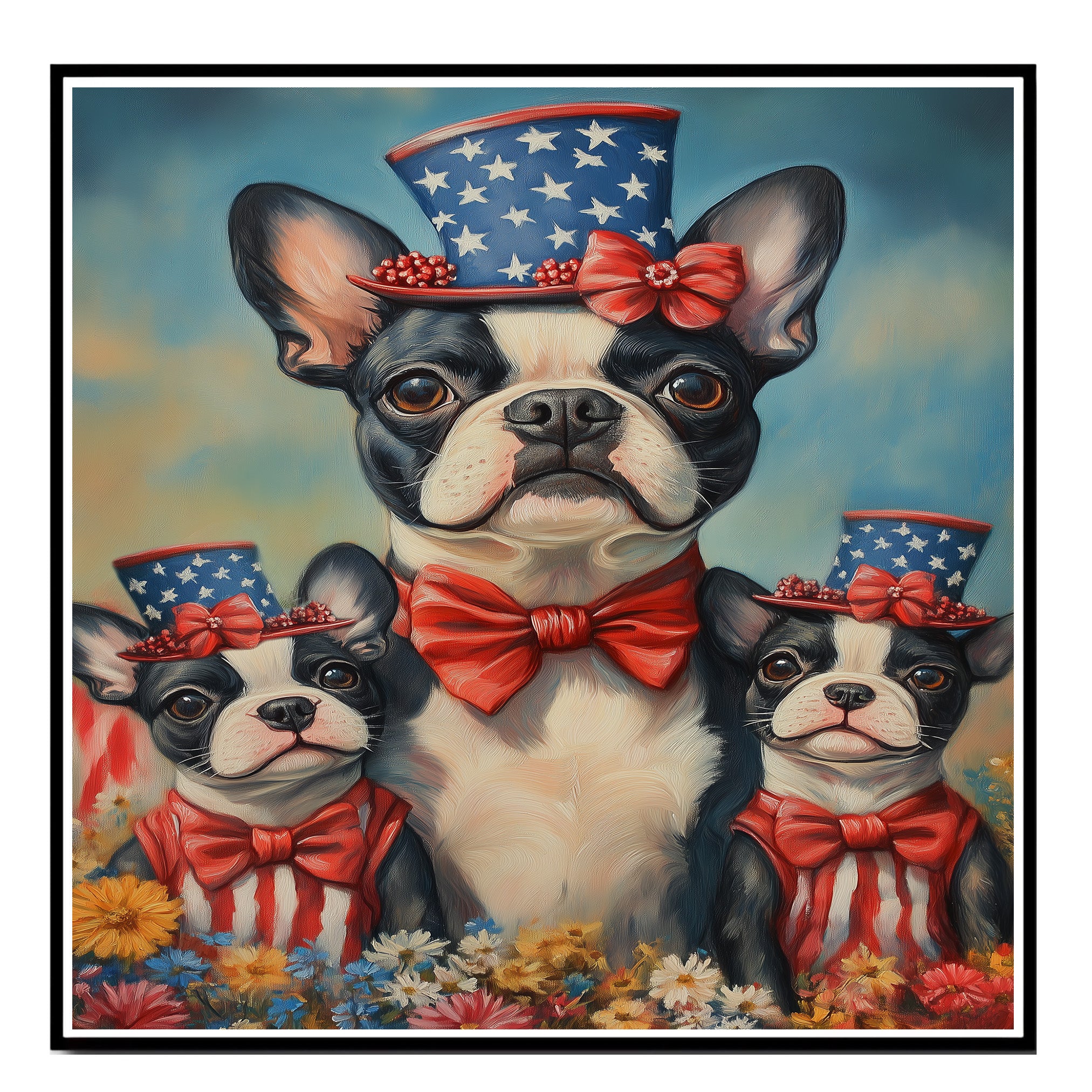 Boston Terrier Mother and Puppies in Patriotic Hats and Outfits with Bright Sky and Colorful Flower Field on Ready to Hang 1.5" Thick Canvas Wrap, Floating Framed Canvas, Flat Rolled Canvas