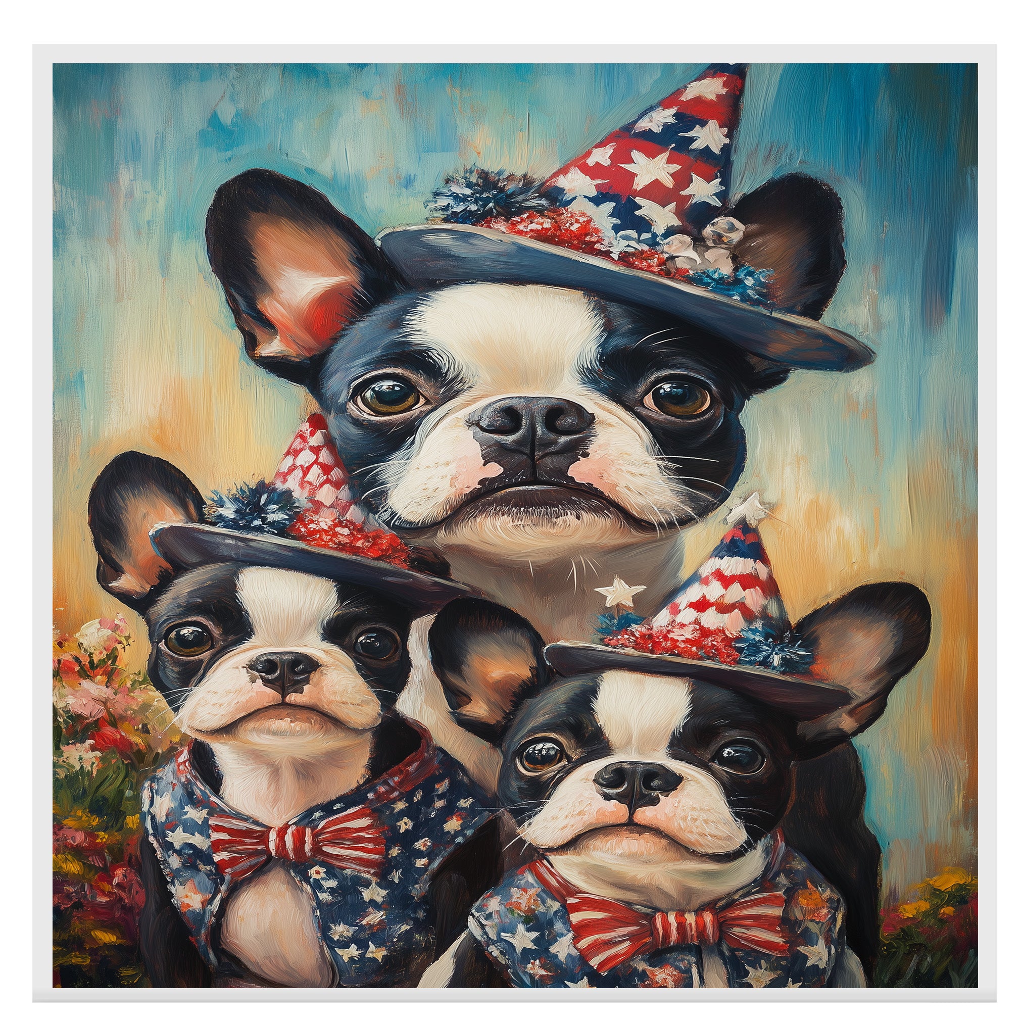 Boston Terrier Mother with Three Puppies Wearing Starry Blue Hats and Red Bows in a Colorful Flower Field Portrait on Ready to Hang 1.5" Thick Canvas Wrap, Floating Framed Canvas, Flat Rolled Canvas