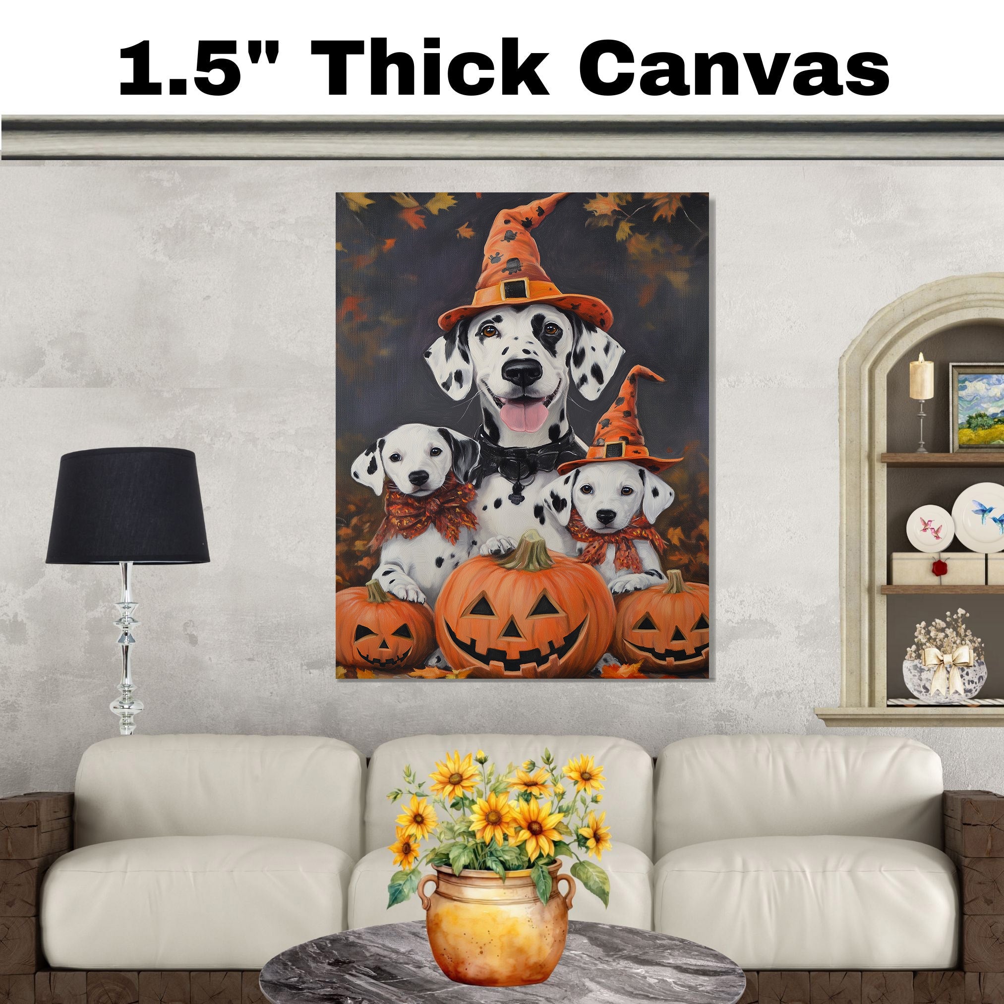 Dalmatian Dog Halloween Canvas Wall Art with Pumpkins and Witch Hats Rustic Fall Farmhouse Decor for Dog Lovers on Ready to Hang 1.5" Thick Canvas Wrap, Floating Framed Canvas, Flat Rolled Canvas