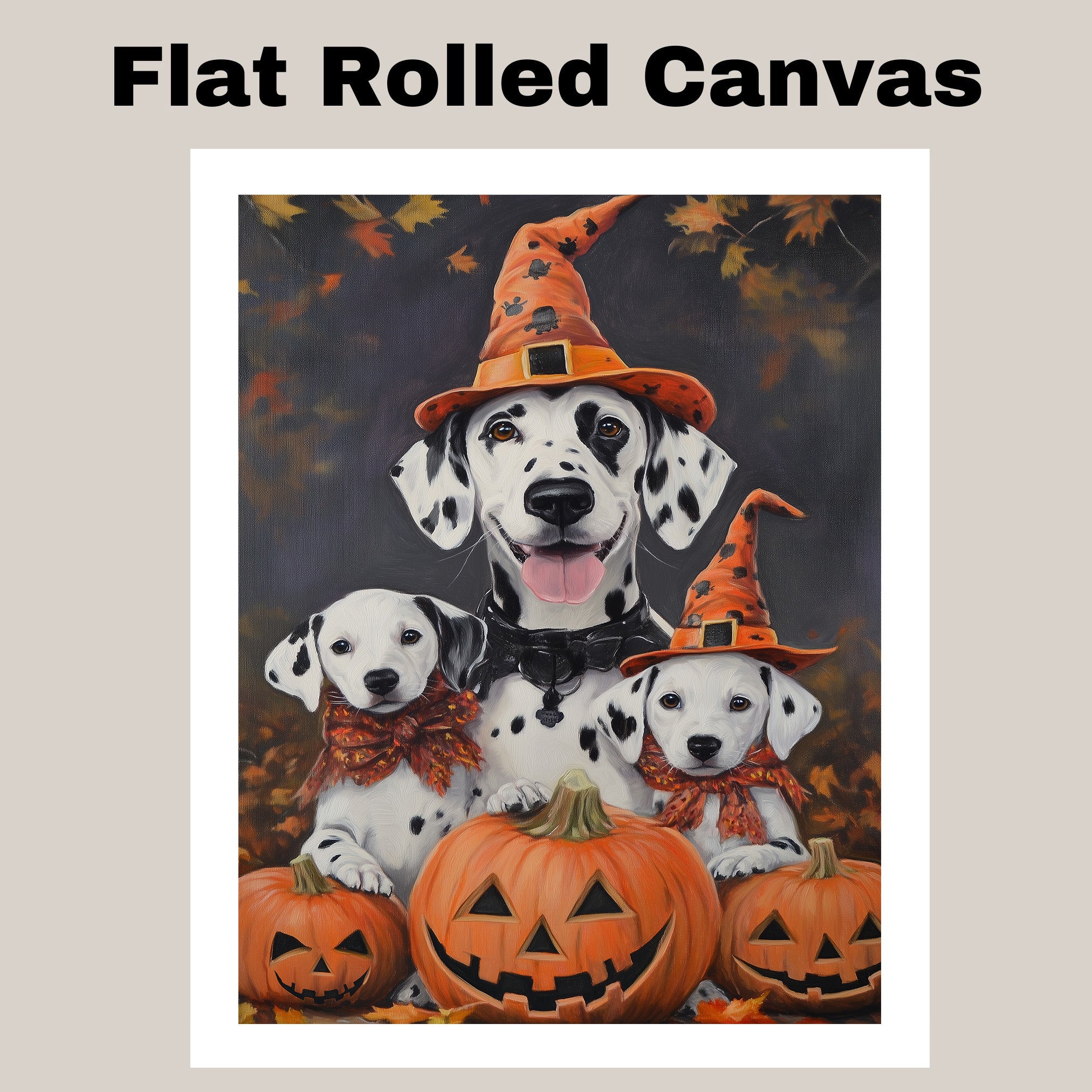 Dalmatian Dog Halloween Canvas Wall Art with Pumpkins and Witch Hats Rustic Fall Farmhouse Decor for Dog Lovers on Ready to Hang 1.5" Thick Canvas Wrap, Floating Framed Canvas, Flat Rolled Canvas