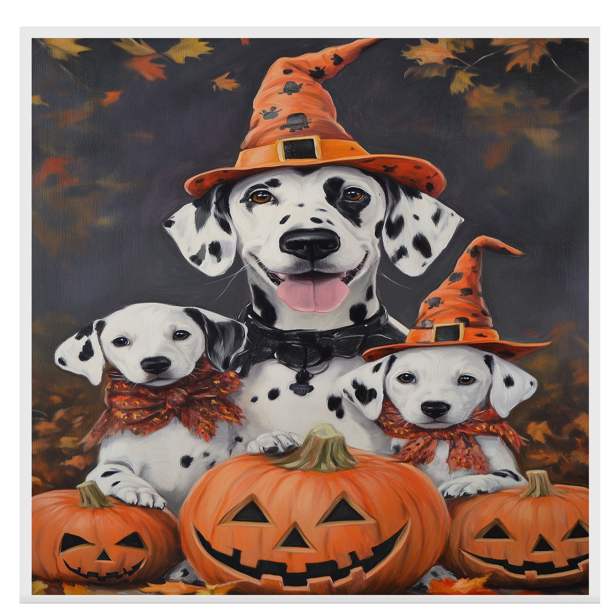 Dalmatian Dog Halloween Canvas Wall Art with Pumpkins and Witch Hats Rustic Fall Farmhouse Decor for Dog Lovers on Ready to Hang 1.5" Thick Canvas Wrap, Floating Framed Canvas, Flat Rolled Canvas