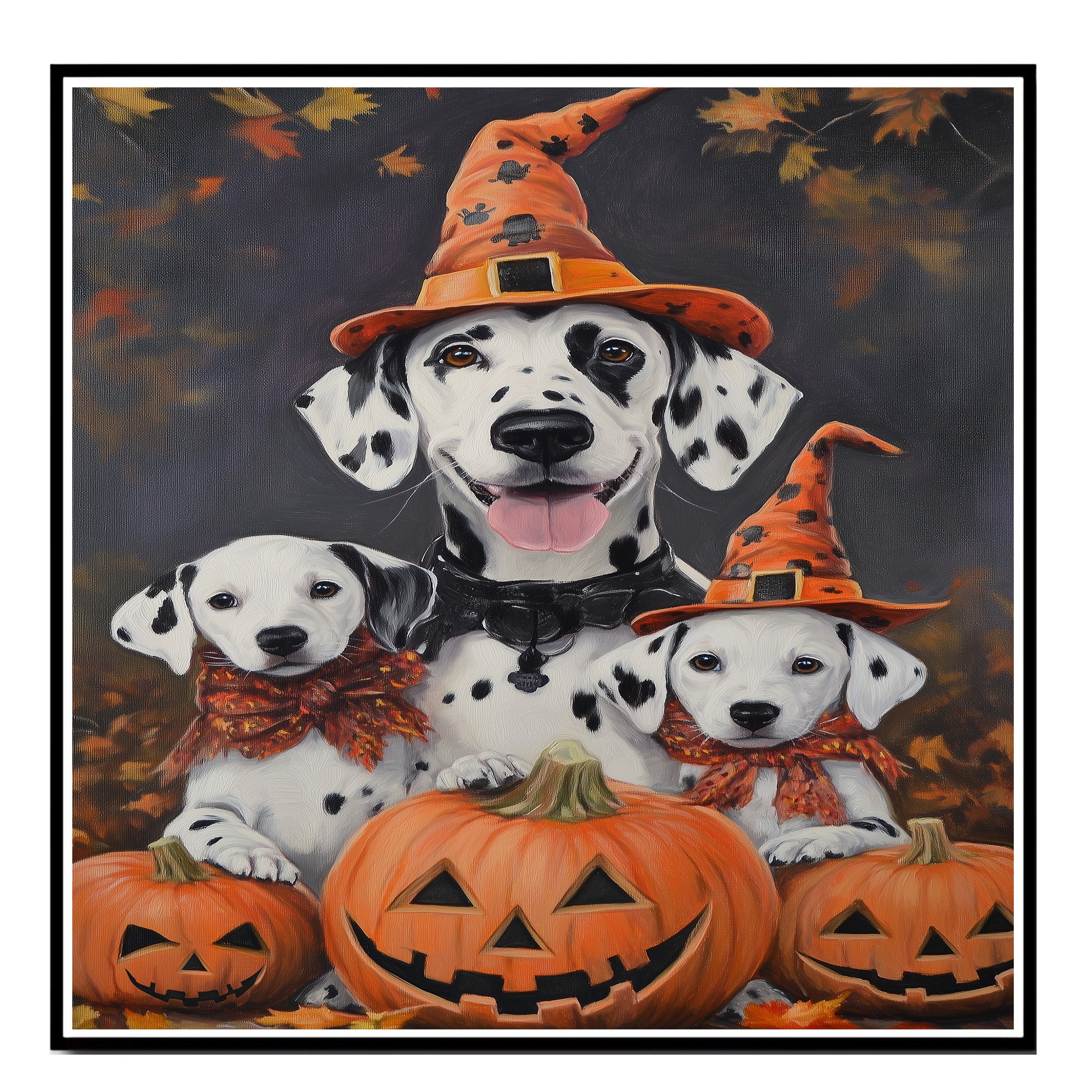 Dalmatian Dog Halloween Canvas Wall Art with Pumpkins and Witch Hats Rustic Fall Farmhouse Decor for Dog Lovers on Ready to Hang 1.5" Thick Canvas Wrap, Floating Framed Canvas, Flat Rolled Canvas