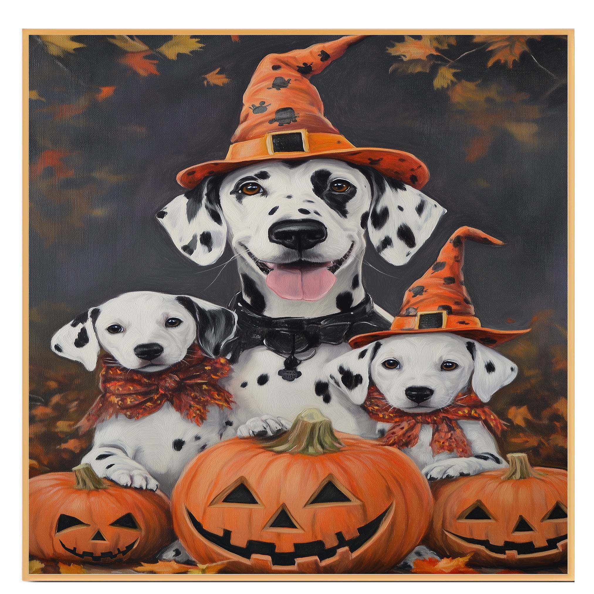 Dalmatian Dog Halloween Canvas Wall Art with Pumpkins and Witch Hats Rustic Fall Farmhouse Decor for Dog Lovers on Ready to Hang 1.5" Thick Canvas Wrap, Floating Framed Canvas, Flat Rolled Canvas