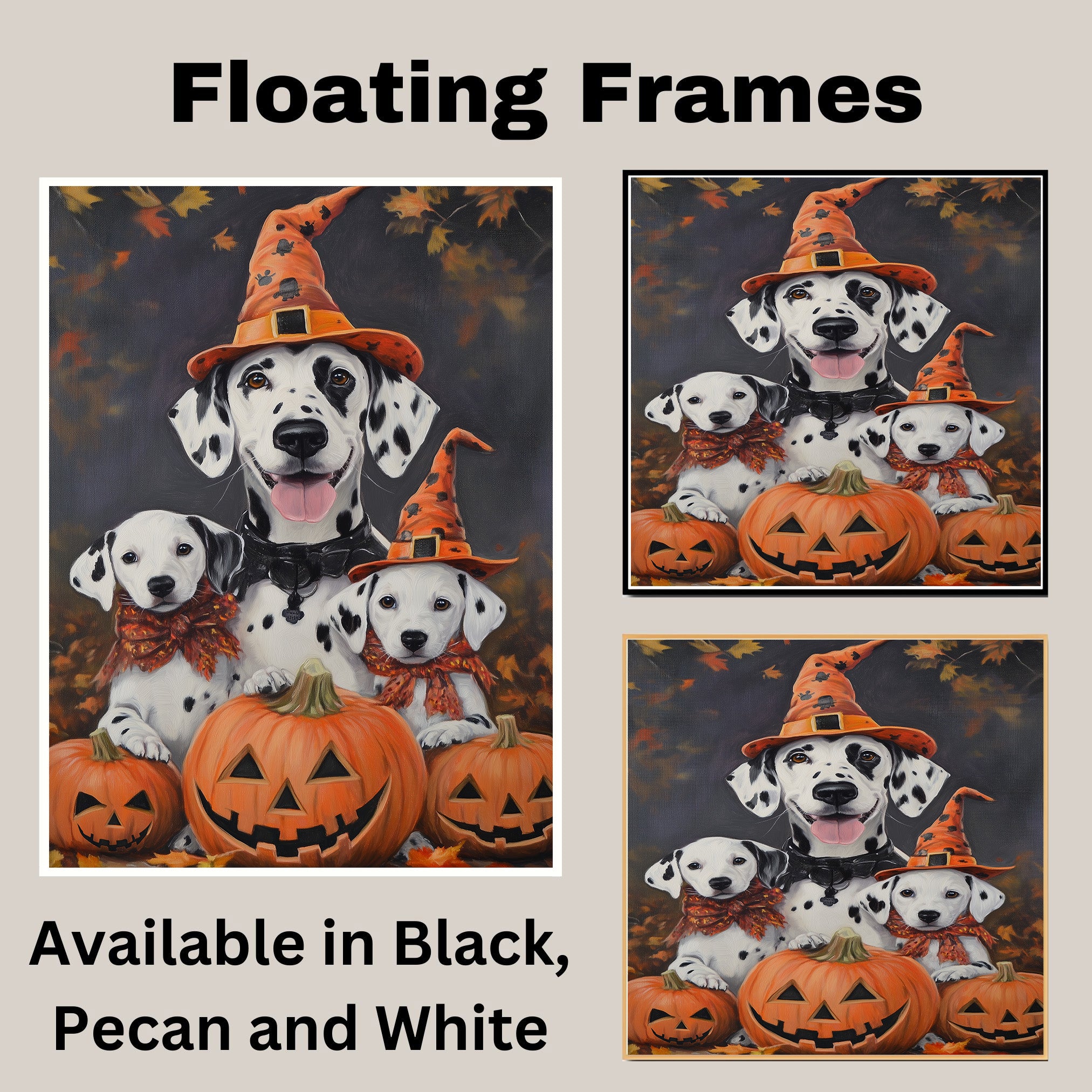 Dalmatian Dog Halloween Canvas Wall Art with Pumpkins and Witch Hats Rustic Fall Farmhouse Decor for Dog Lovers on Ready to Hang 1.5" Thick Canvas Wrap, Floating Framed Canvas, Flat Rolled Canvas