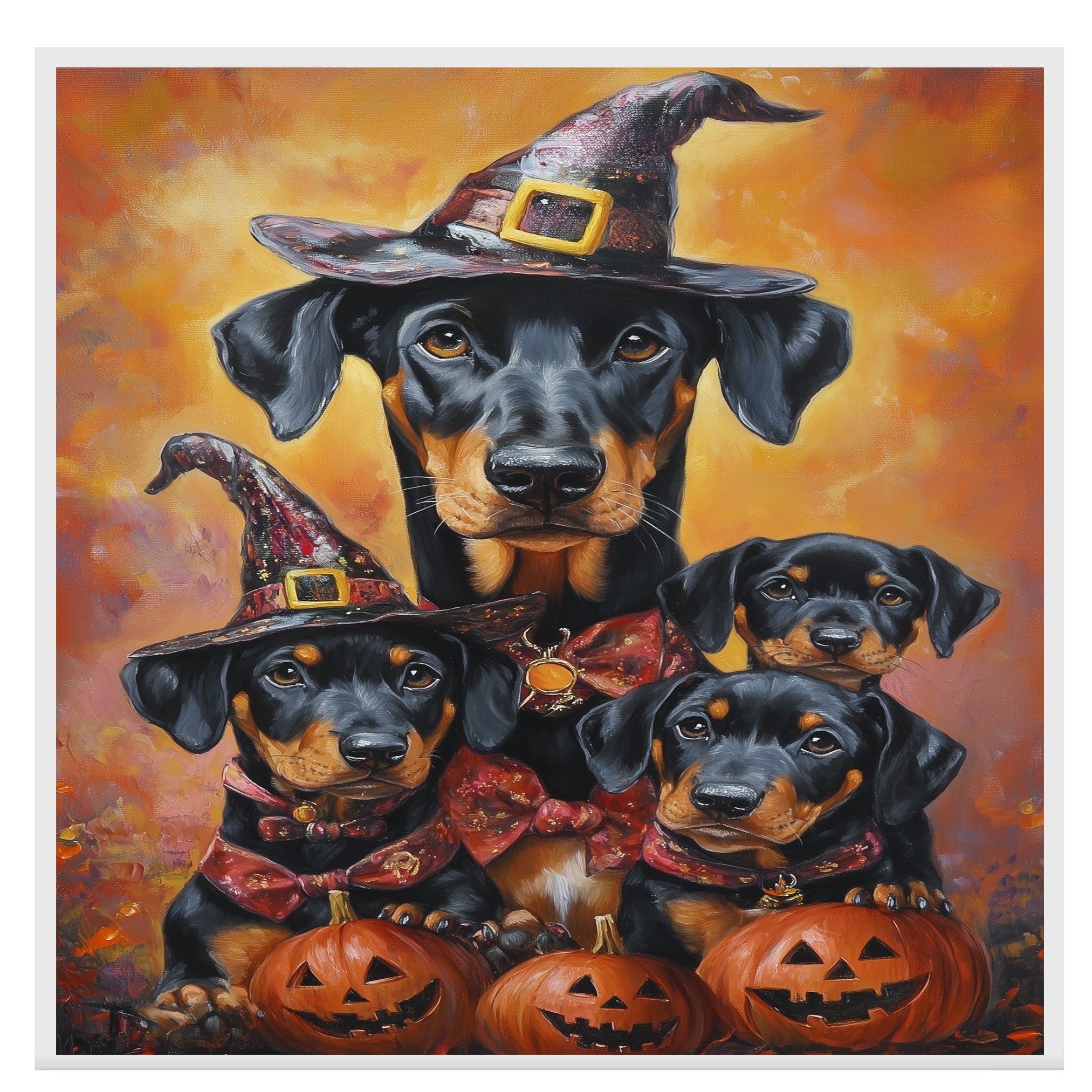 Doberman Pinscher Dog Halloween Canvas Wall Art with Pumpkins Rustic Fall Accent for Cozy Autumn Homes on Ready to Hang 1.5" Thick Canvas Wrap, Floating Framed Canvas, Flat Rolled Canvas