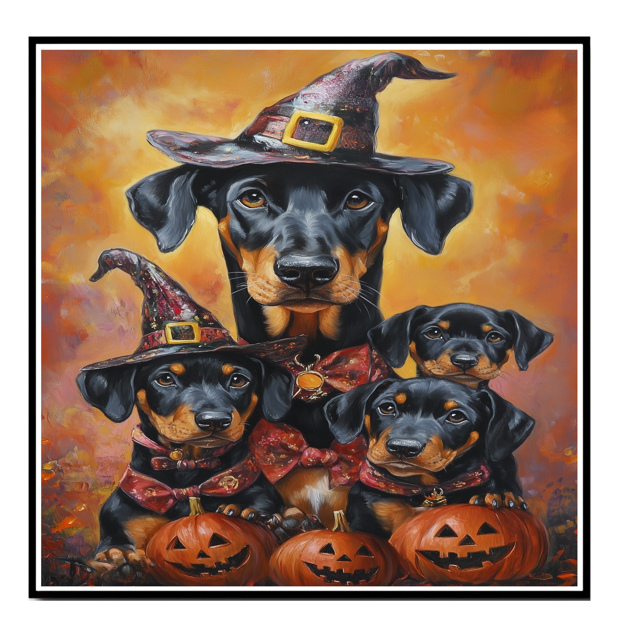 Doberman Pinscher Dog Halloween Canvas Wall Art with Pumpkins Rustic Fall Accent for Cozy Autumn Homes on Ready to Hang 1.5" Thick Canvas Wrap, Floating Framed Canvas, Flat Rolled Canvas