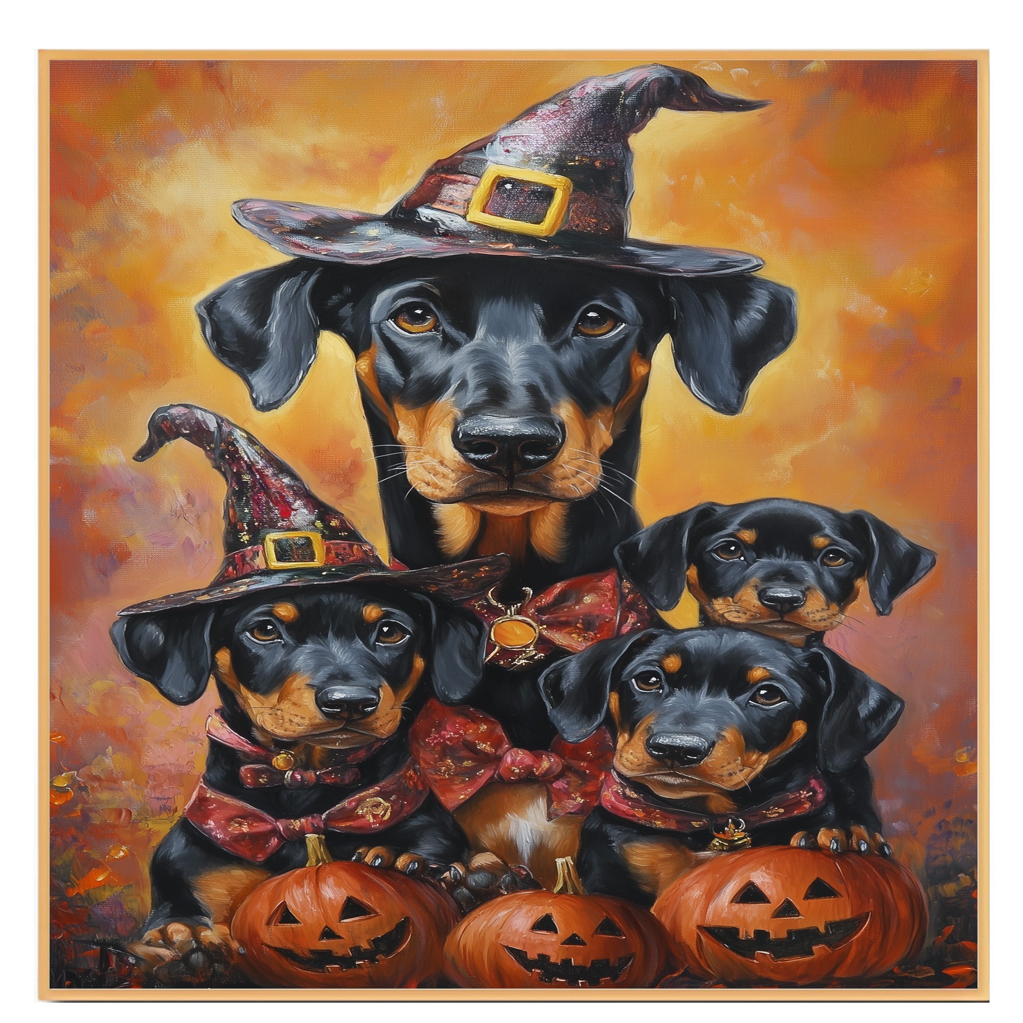 Doberman Pinscher Dog Halloween Canvas Wall Art with Pumpkins Rustic Fall Accent for Cozy Autumn Homes on Ready to Hang 1.5" Thick Canvas Wrap, Floating Framed Canvas, Flat Rolled Canvas