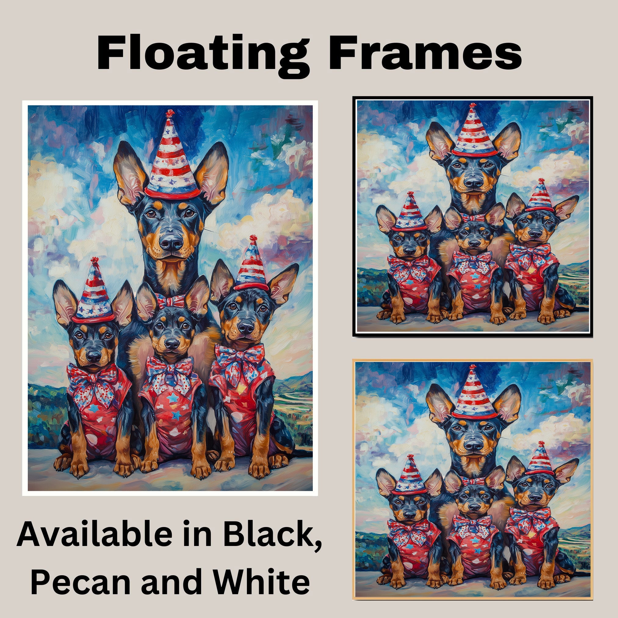 Mother Doberman Pinscher with Three Puppies in Patriotic Outfits and Hats on Ready to Hang 1.5" Thick Canvas Wrap, Floating Framed Canvas, Flat Rolled Canvas