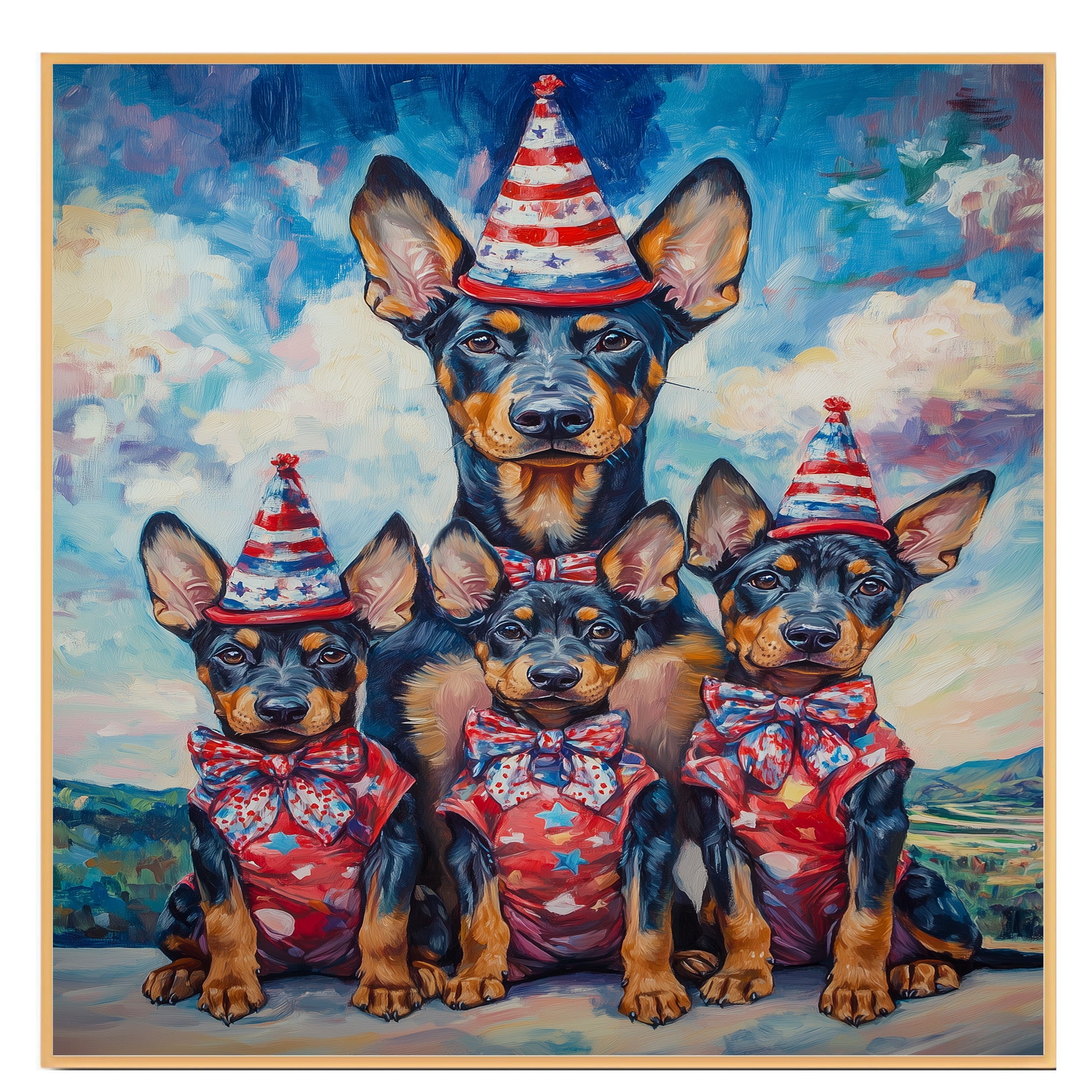 Mother Doberman Pinscher with Three Puppies in Patriotic Outfits and Hats on Ready to Hang 1.5" Thick Canvas Wrap, Floating Framed Canvas, Flat Rolled Canvas