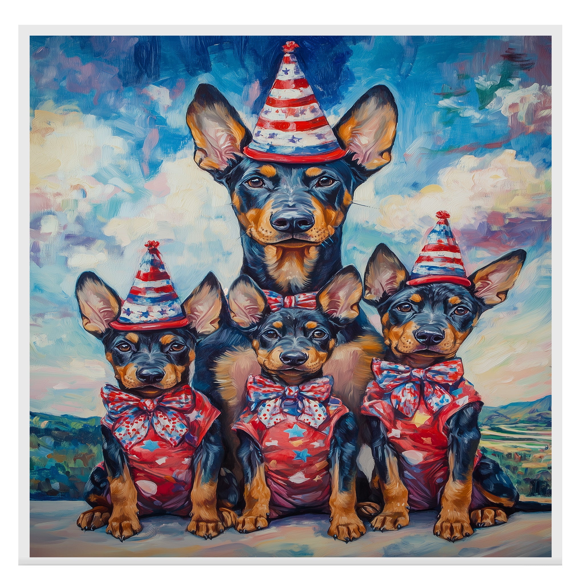 Mother Doberman Pinscher with Three Puppies in Patriotic Outfits and Hats on Ready to Hang 1.5" Thick Canvas Wrap, Floating Framed Canvas, Flat Rolled Canvas