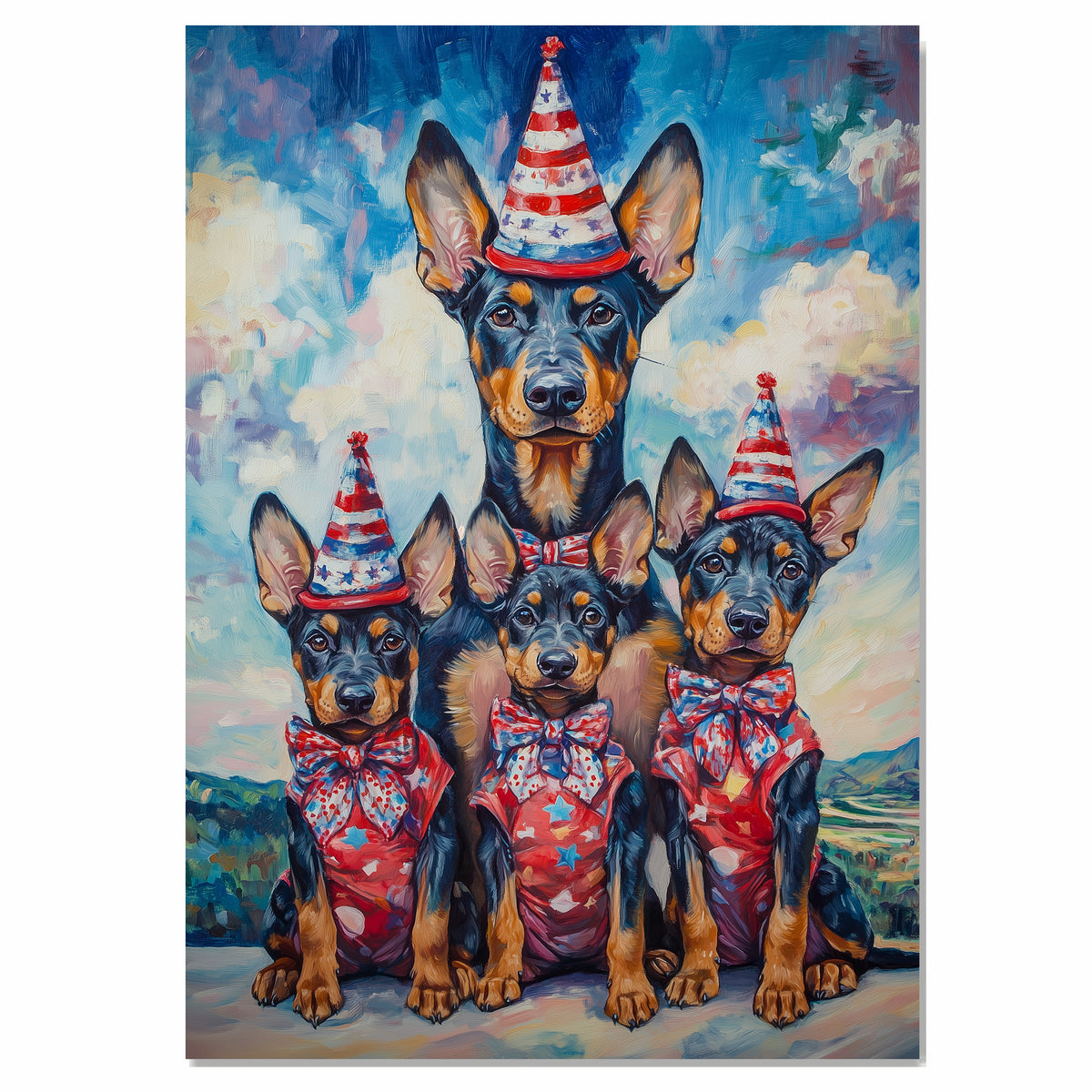 Mother Doberman Pinscher with Three Puppies in Patriotic Outfits and Hats on Ready to Hang 1.5" Thick Canvas Wrap, Floating Framed Canvas, Flat Rolled Canvas