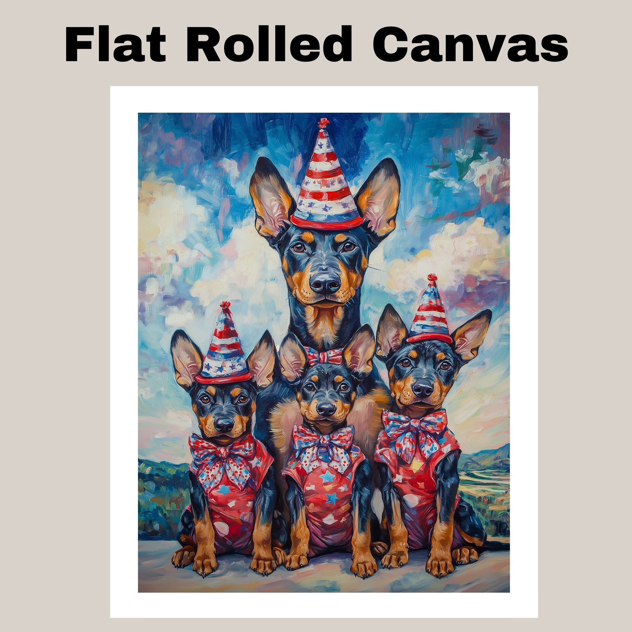 Mother Doberman Pinscher with Three Puppies in Patriotic Outfits and Hats on Ready to Hang 1.5" Thick Canvas Wrap, Floating Framed Canvas, Flat Rolled Canvas