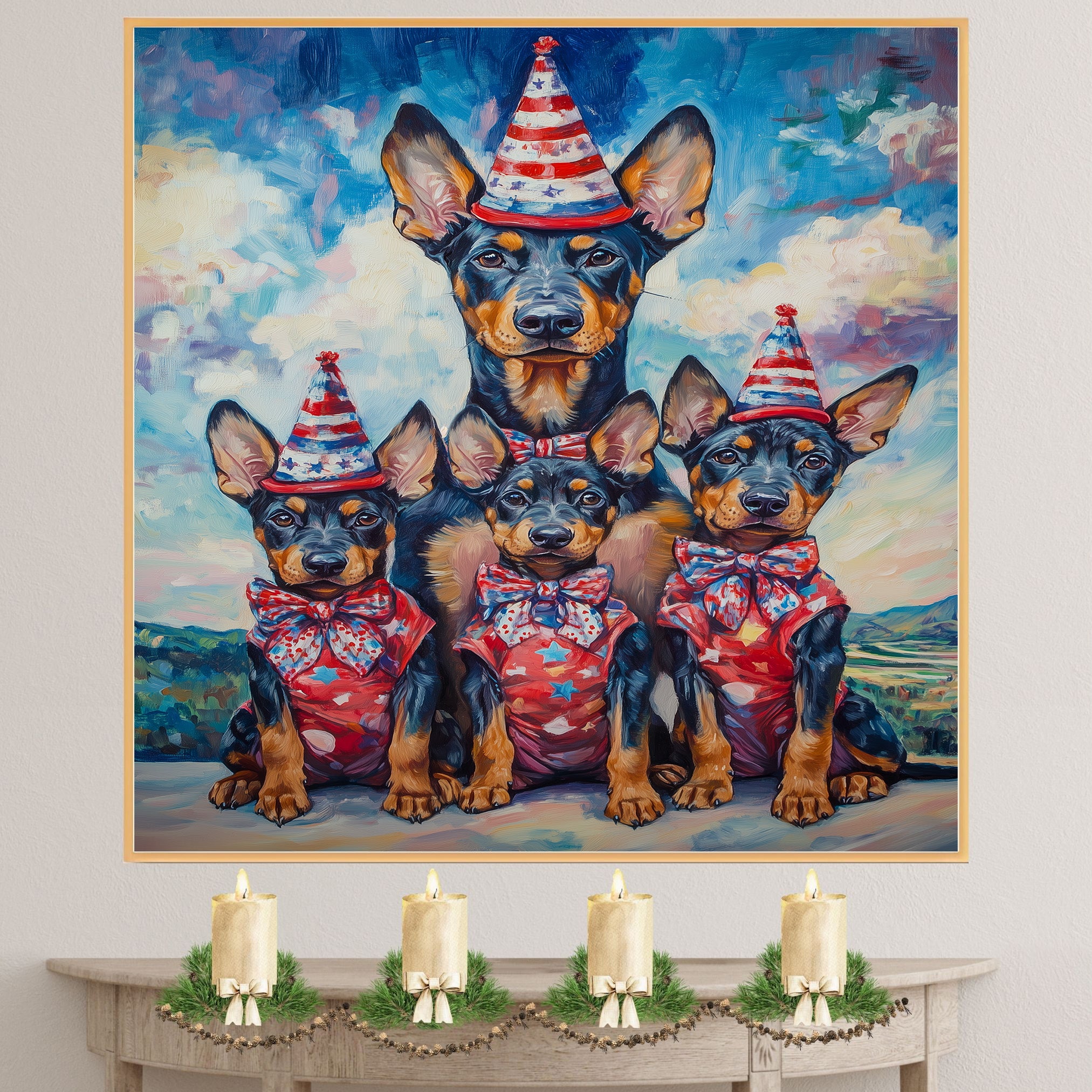 Mother Doberman Pinscher with Three Puppies in Patriotic Outfits and Hats on Ready to Hang 1.5" Thick Canvas Wrap, Floating Framed Canvas, Flat Rolled Canvas