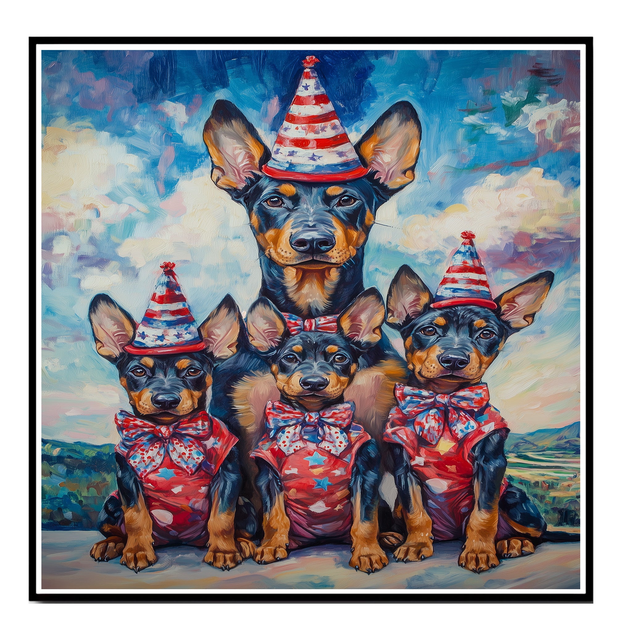 Mother Doberman Pinscher with Three Puppies in Patriotic Outfits and Hats on Ready to Hang 1.5" Thick Canvas Wrap, Floating Framed Canvas, Flat Rolled Canvas