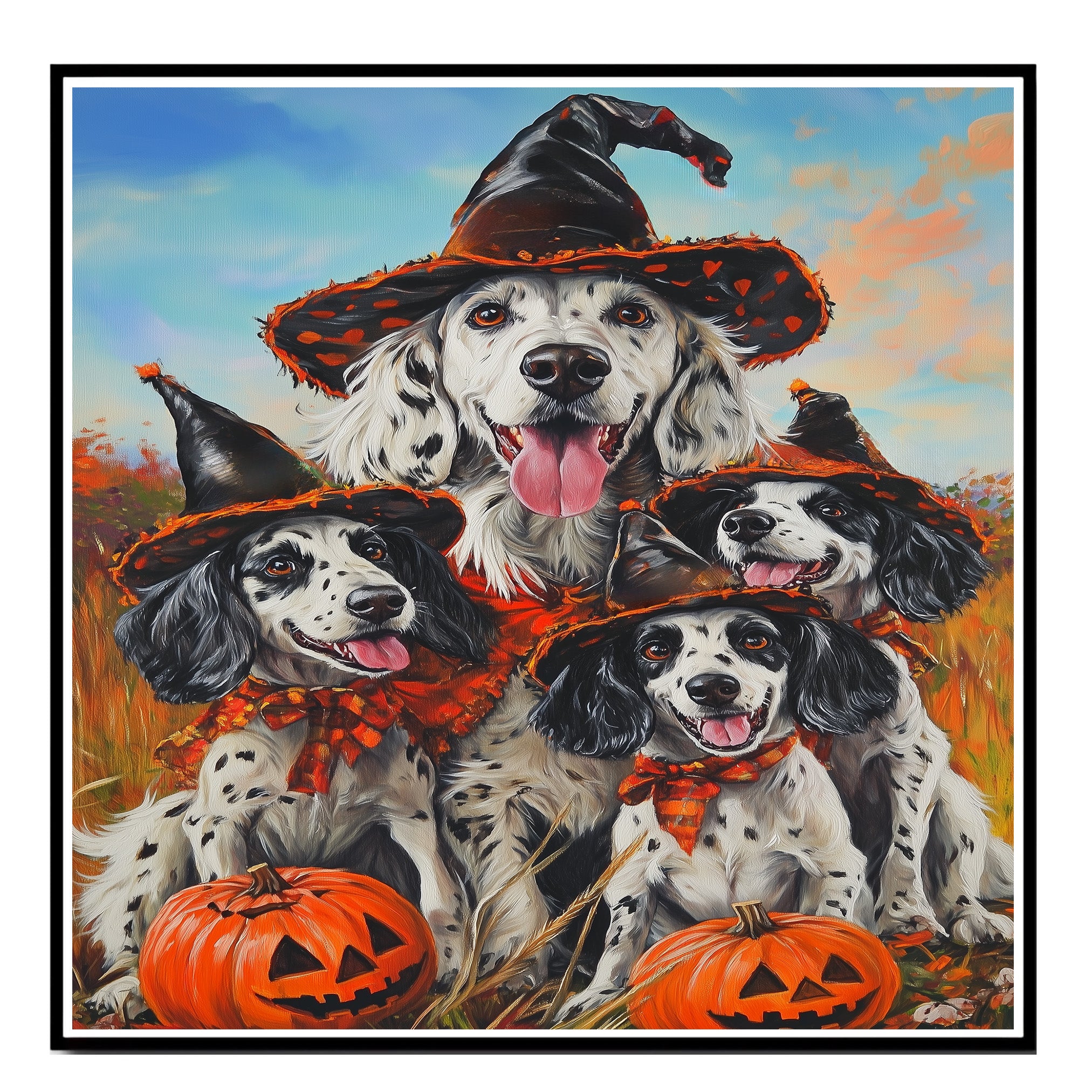 English Setter Dog Halloween Canvas Wall Art with Pumpkins Rustic Fall Accent for Cozy Autumn Homes on Ready to Hang 1.5" Thick Canvas Wrap, Floating Framed Canvas, Flat Rolled Canvas