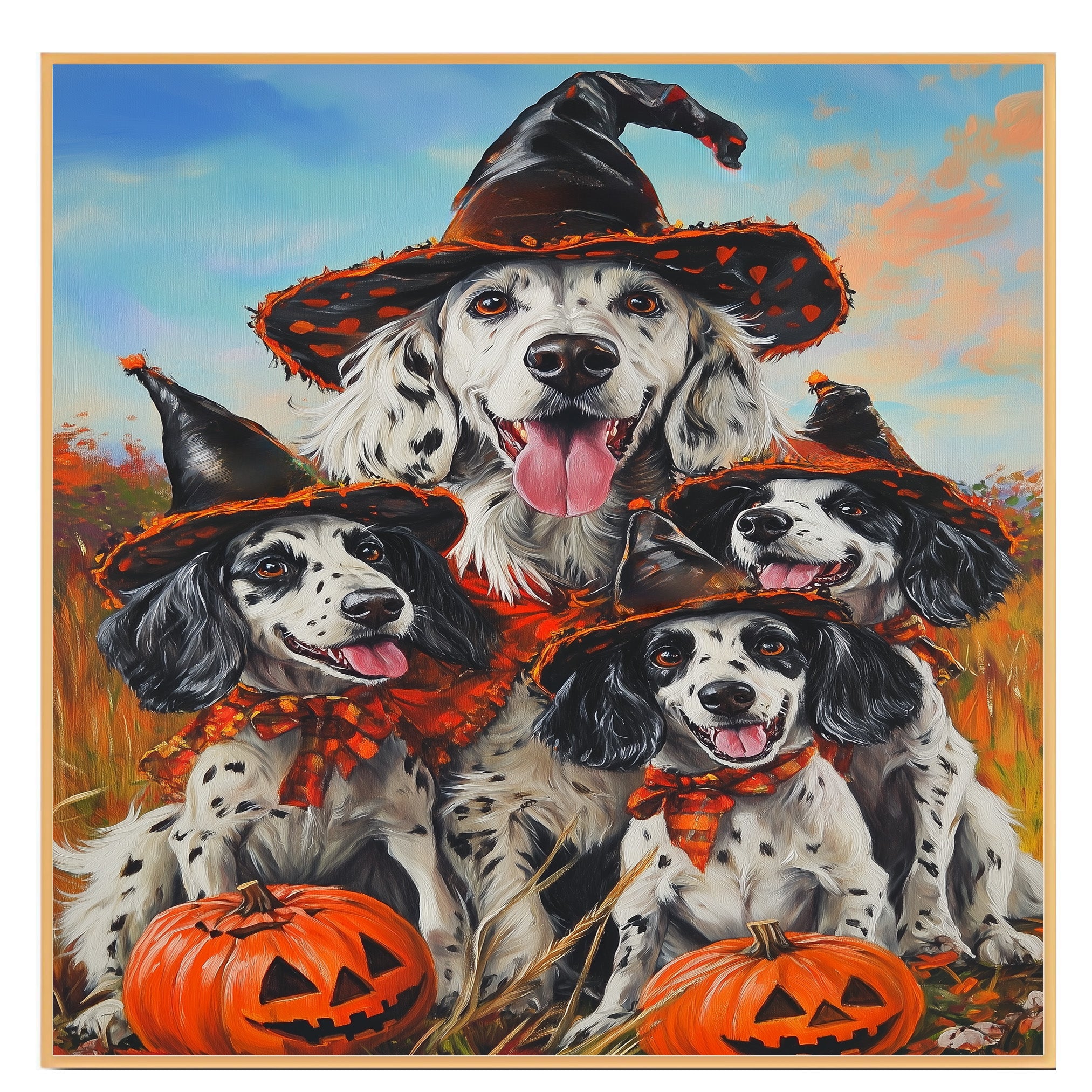 English Setter Dog Halloween Canvas Wall Art with Pumpkins Rustic Fall Accent for Cozy Autumn Homes on Ready to Hang 1.5" Thick Canvas Wrap, Floating Framed Canvas, Flat Rolled Canvas
