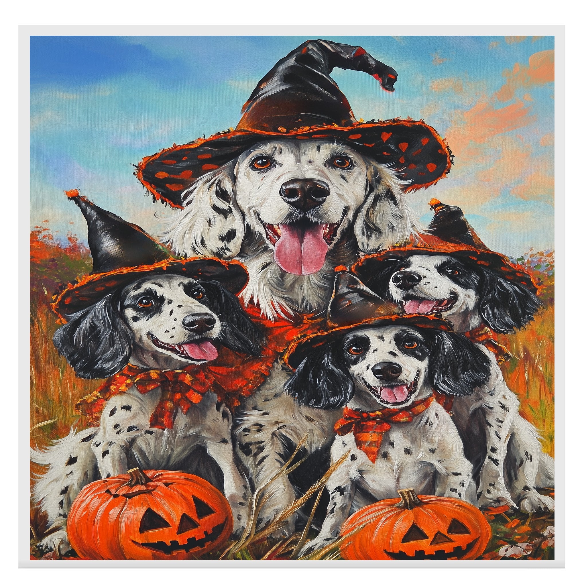 English Setter Dog Halloween Canvas Wall Art with Pumpkins Rustic Fall Accent for Cozy Autumn Homes on Ready to Hang 1.5" Thick Canvas Wrap, Floating Framed Canvas, Flat Rolled Canvas