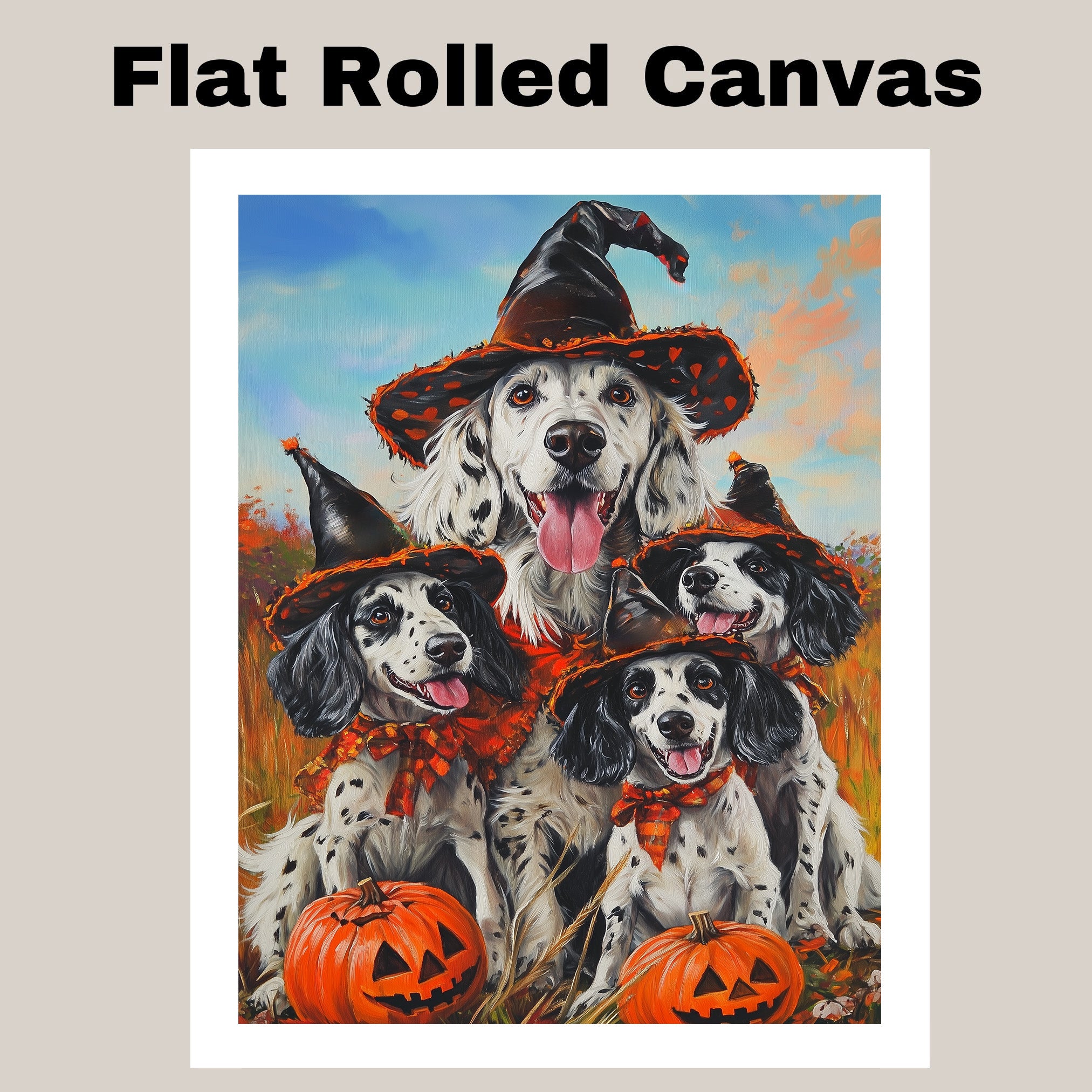English Setter Dog Halloween Canvas Wall Art with Pumpkins Rustic Fall Accent for Cozy Autumn Homes on Ready to Hang 1.5" Thick Canvas Wrap, Floating Framed Canvas, Flat Rolled Canvas