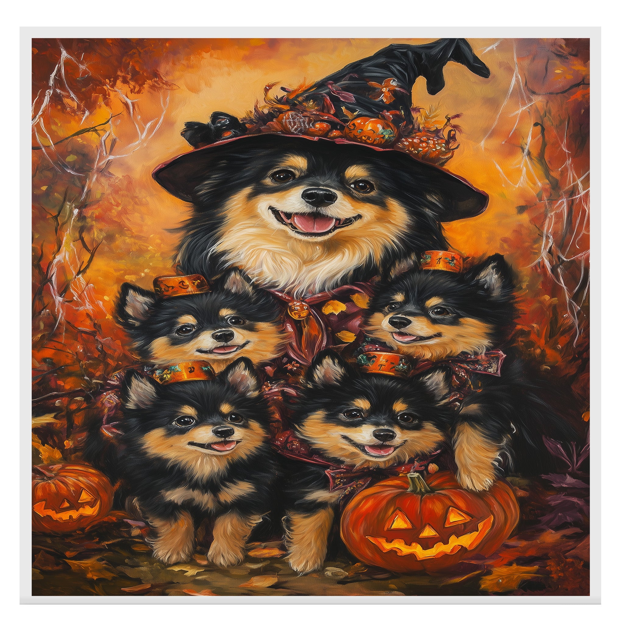 Finnish Lapphund Dog Family Halloween Canvas Wall Art with Pumpkins Rustic Fall Accent for Cozy Autumn Homes on Ready to Hang 1.5" Thick Canvas Wrap, Floating Framed Canvas, Flat Rolled Canvas