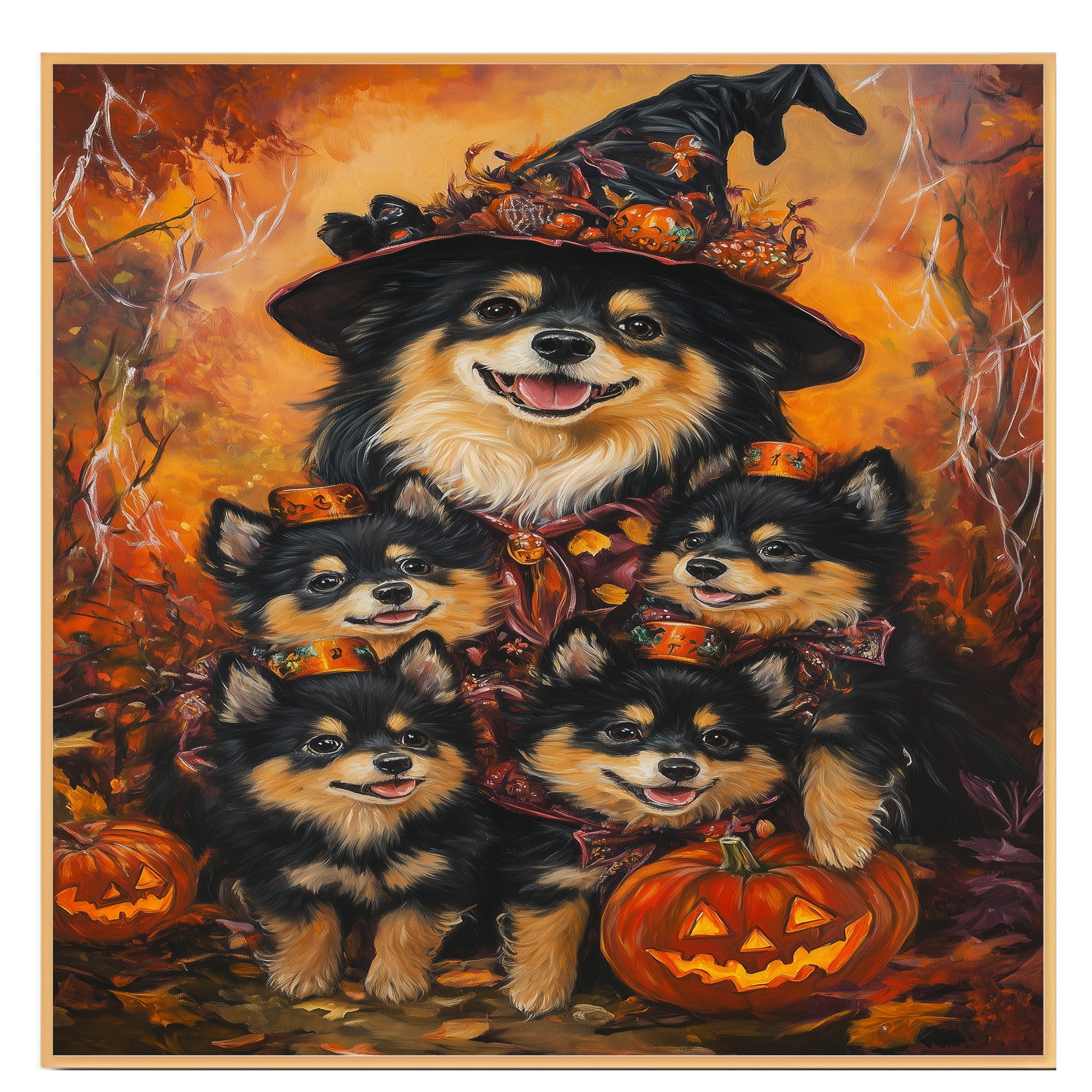 Finnish Lapphund Dog Family Halloween Canvas Wall Art with Pumpkins Rustic Fall Accent for Cozy Autumn Homes on Ready to Hang 1.5" Thick Canvas Wrap, Floating Framed Canvas, Flat Rolled Canvas