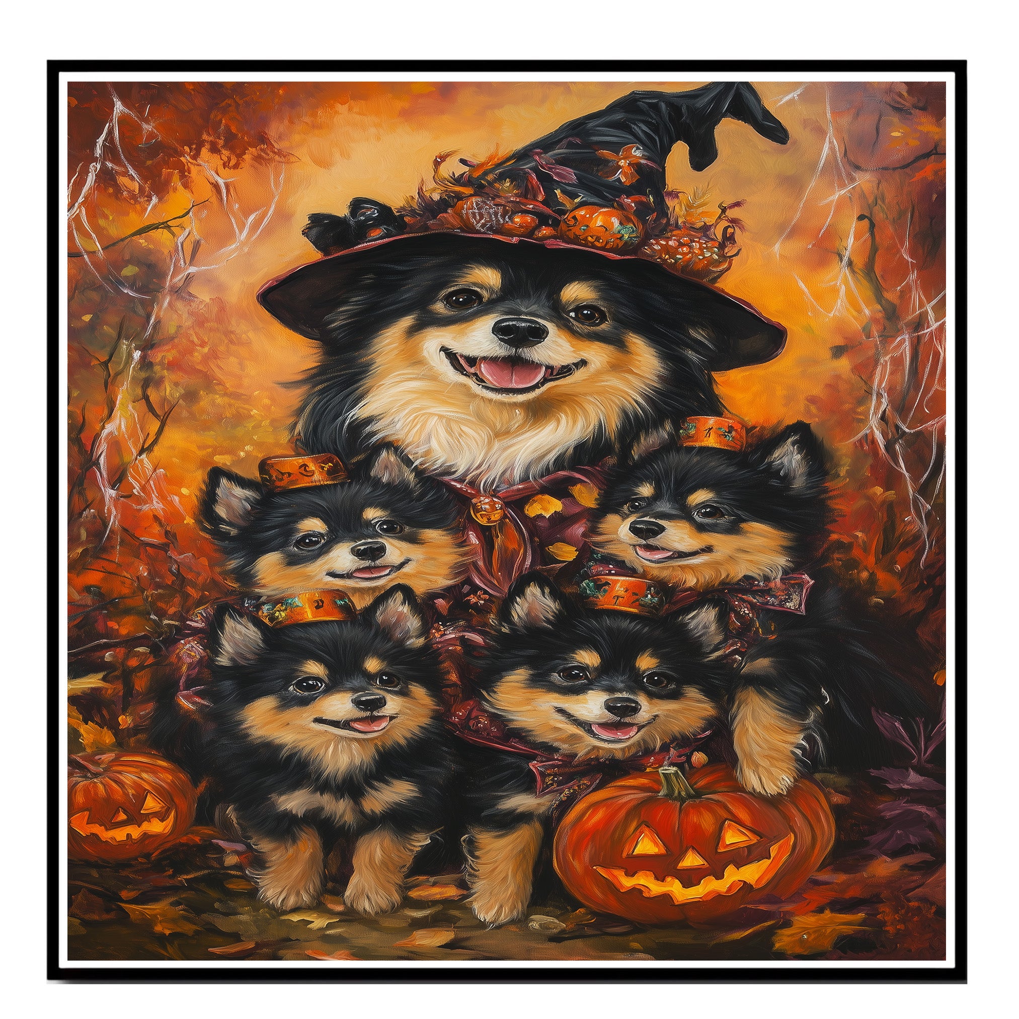 Finnish Lapphund Dog Family Halloween Canvas Wall Art with Pumpkins Rustic Fall Accent for Cozy Autumn Homes on Ready to Hang 1.5" Thick Canvas Wrap, Floating Framed Canvas, Flat Rolled Canvas