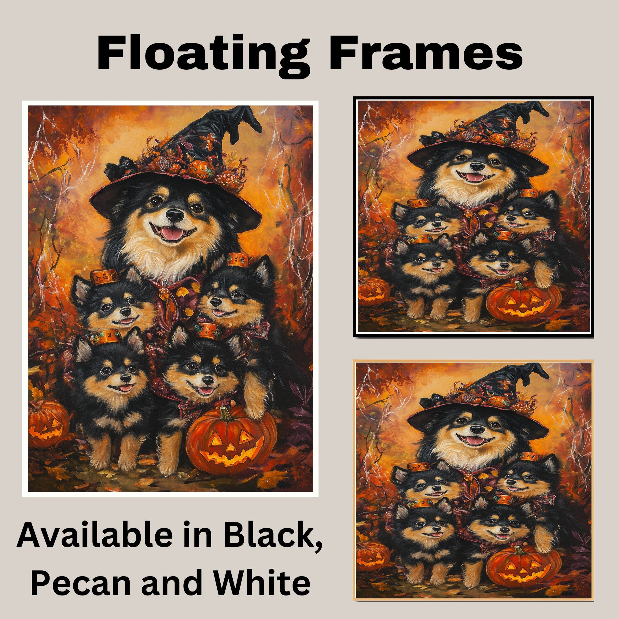 Finnish Lapphund Dog Family Halloween Canvas Wall Art with Pumpkins Rustic Fall Accent for Cozy Autumn Homes on Ready to Hang 1.5" Thick Canvas Wrap, Floating Framed Canvas, Flat Rolled Canvas